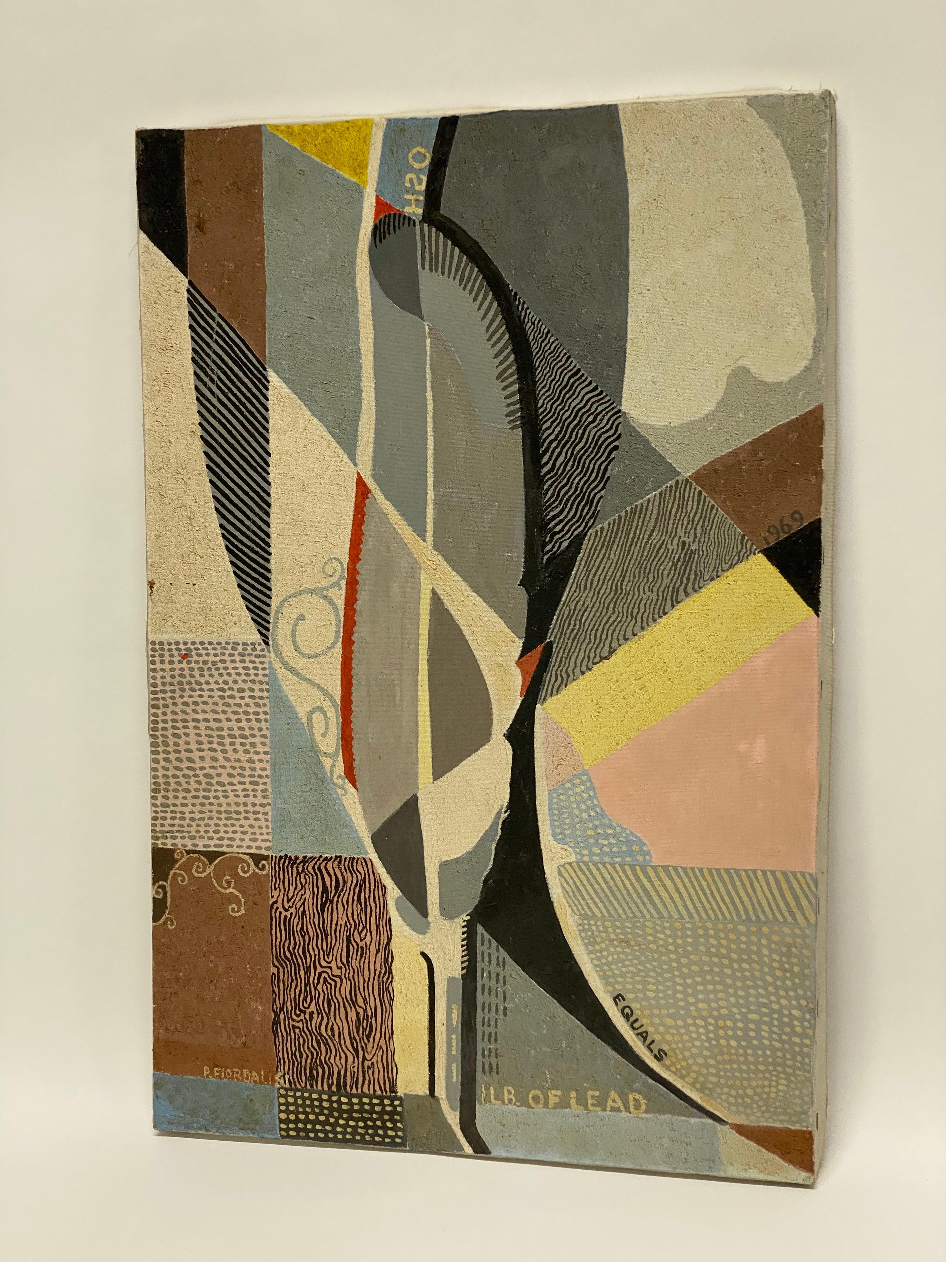 Signed lower left P. Fiordalisi (1904-?). Peter Fiordalisi was born in Union City, NJ and produced this fine abstract oil paint on canvas circa 1969. The artist uses segmented color, lyrical line and words in this finely worked canvas. Unframed.