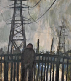 Industrial Landscape - Huge Mid 20th Century Figurative Oil on Canvas Painting