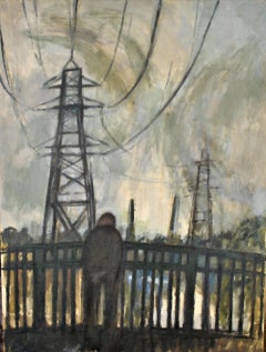 Industrielle Landschaft der Industrie - Großes figuratives Gemälde, Öl auf Leinwand, Mitte des 20. Jahrhunderts