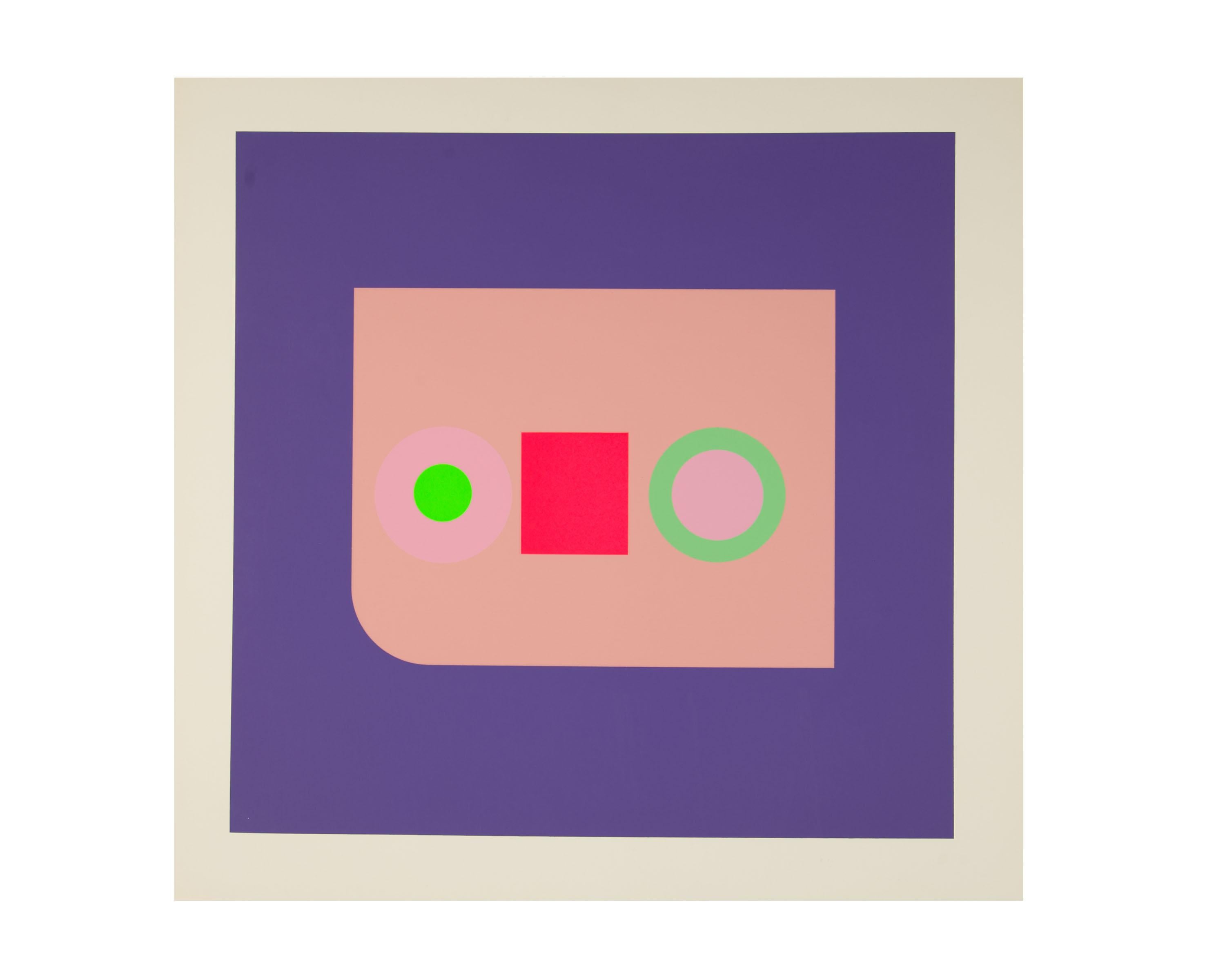 An Op Art serigraph print on paper titled Harvard Target #4 by British-born artist, designer and developer Peter Gee (1932-2005). This print is comprised of matte shapes on a deep purple ground. Four small circles and a square in matte and neon inks