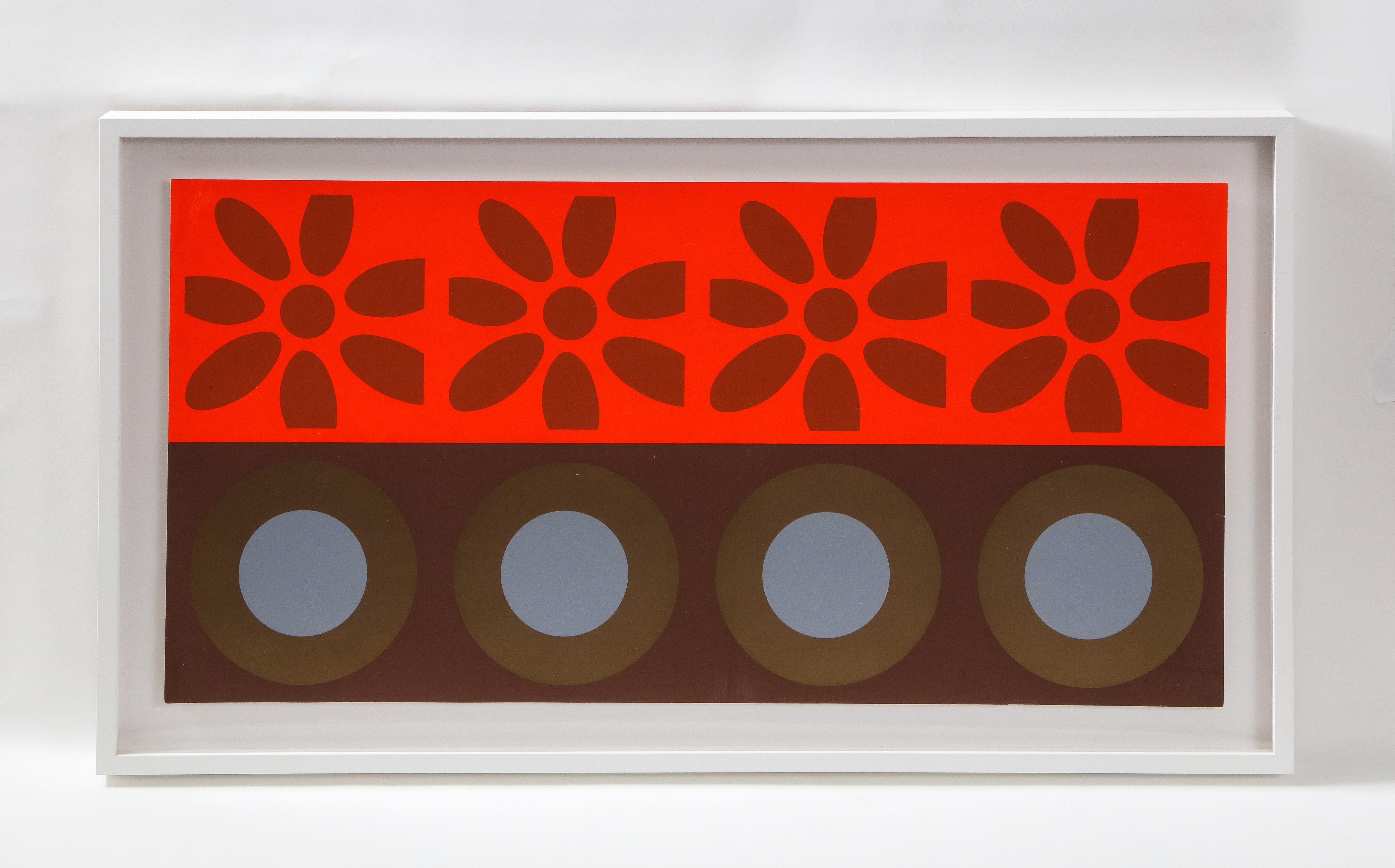 Pop Art graphic silk screen featuring chocolate brown and violet targets alongside stylized flower motif. Professionally framed with matte and anti UV plexiglass. Signed on back.