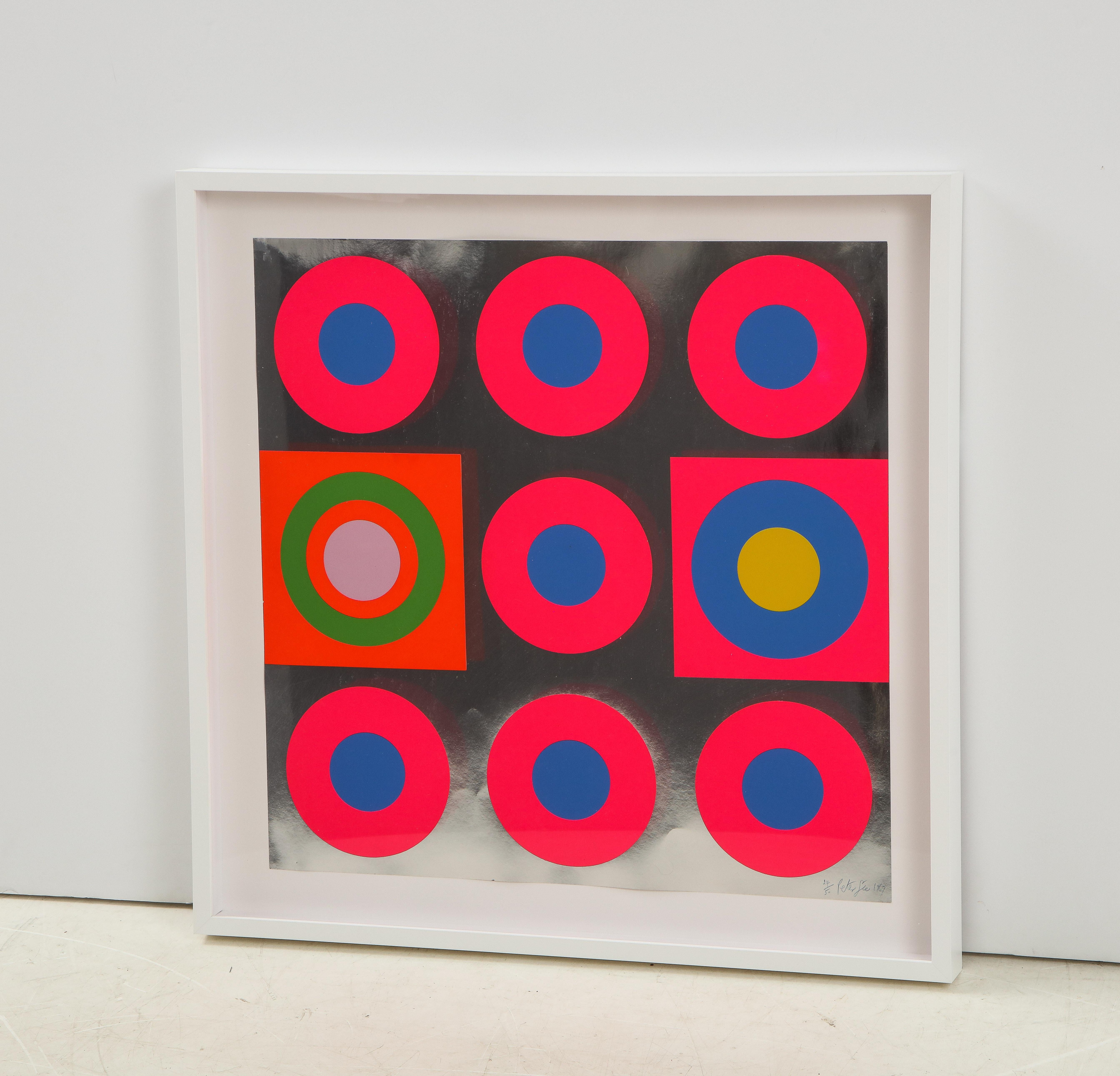 Pop Art screen-print on silver metallic board featuring graphic magenta, blue, orange bullseye targets. Signed Peter Gee 1967. Professionally framed in a white wood frame with glare resistant Plexiglas protector. Numbered 24/50.