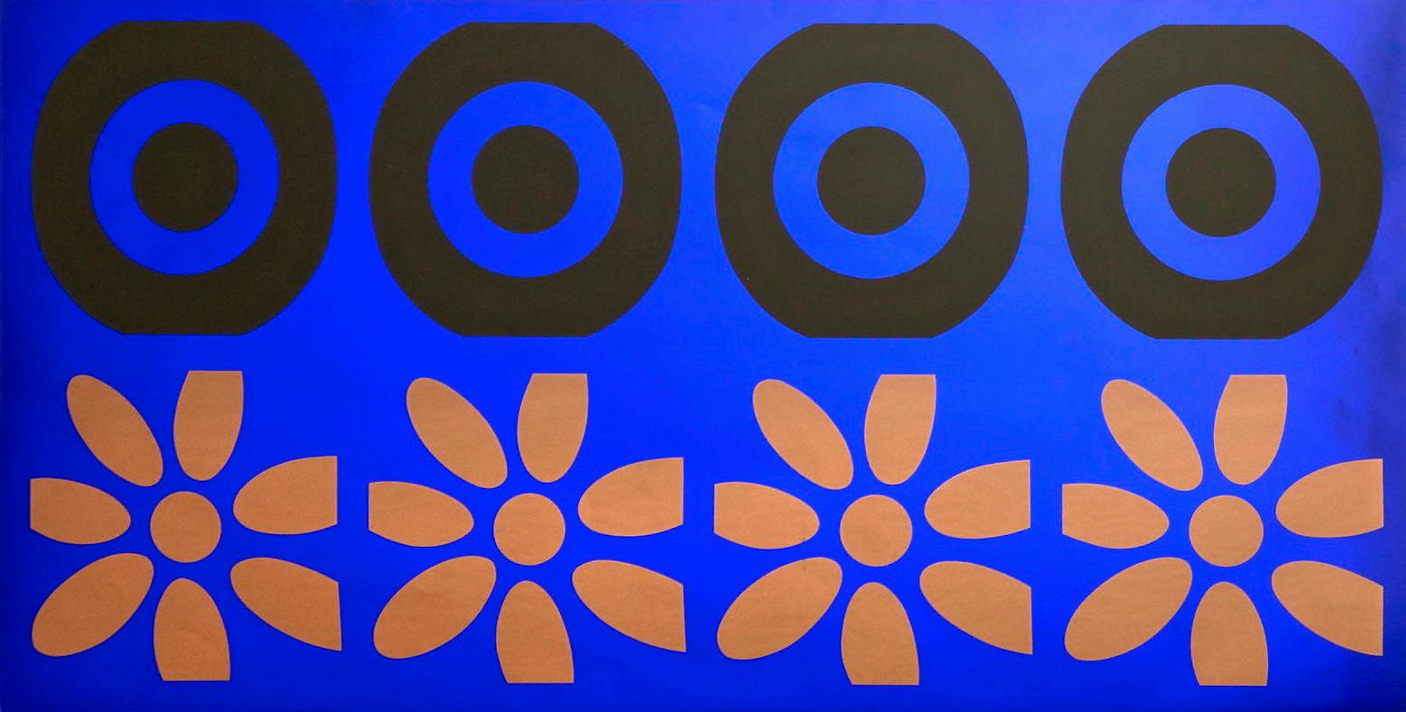 Fabulous large silk screen on foil target panel by listed British Artist Peter Gee circa 1960's which is a one of a kind color combination. The panel can be hung both vertical and horizontal. This piece was from the private collection of Gene Baro,