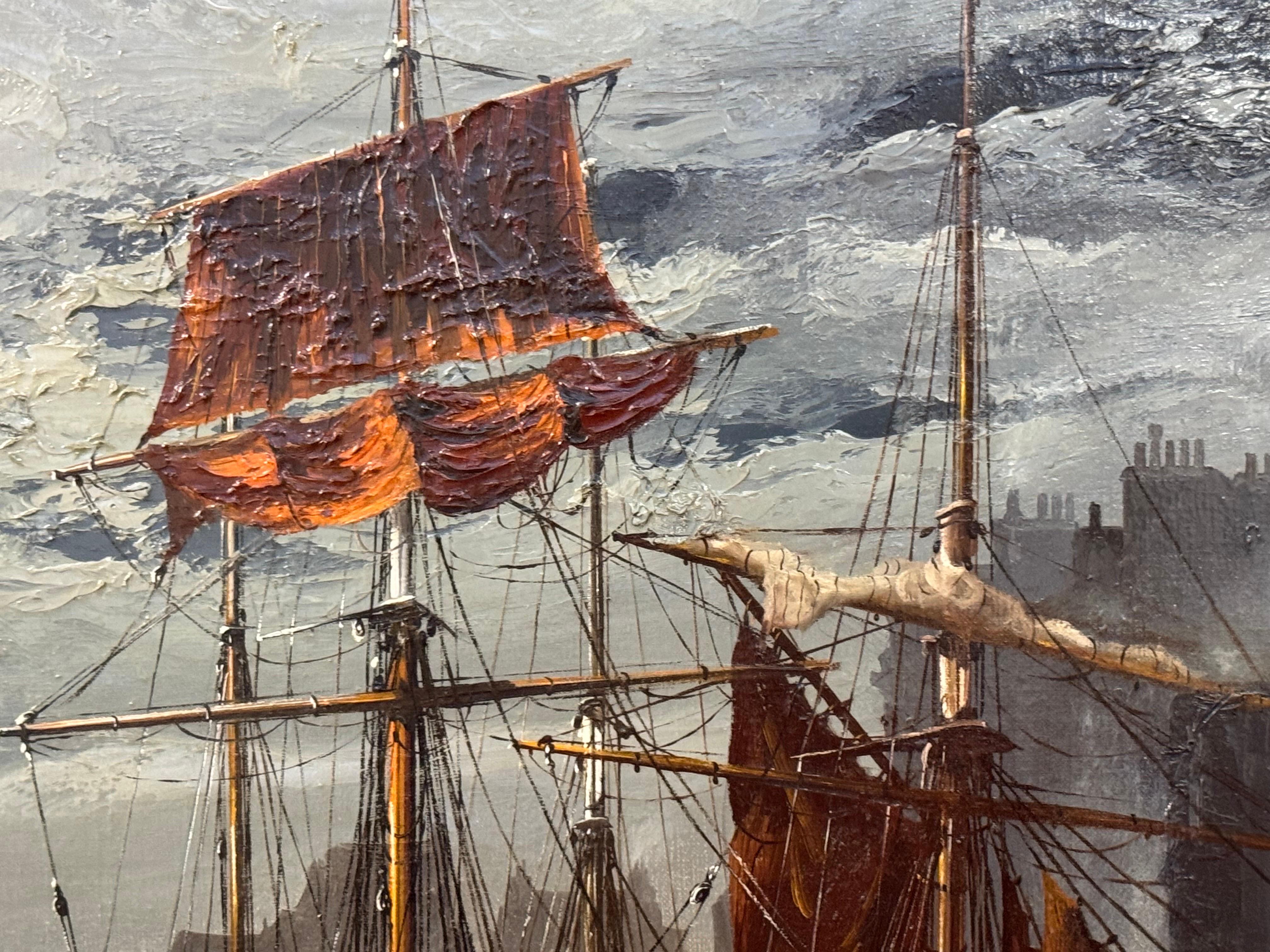 Ships in the Harbour at Moonlight, un paysage maritime de la côte Est de l'Angleterre en vente 8