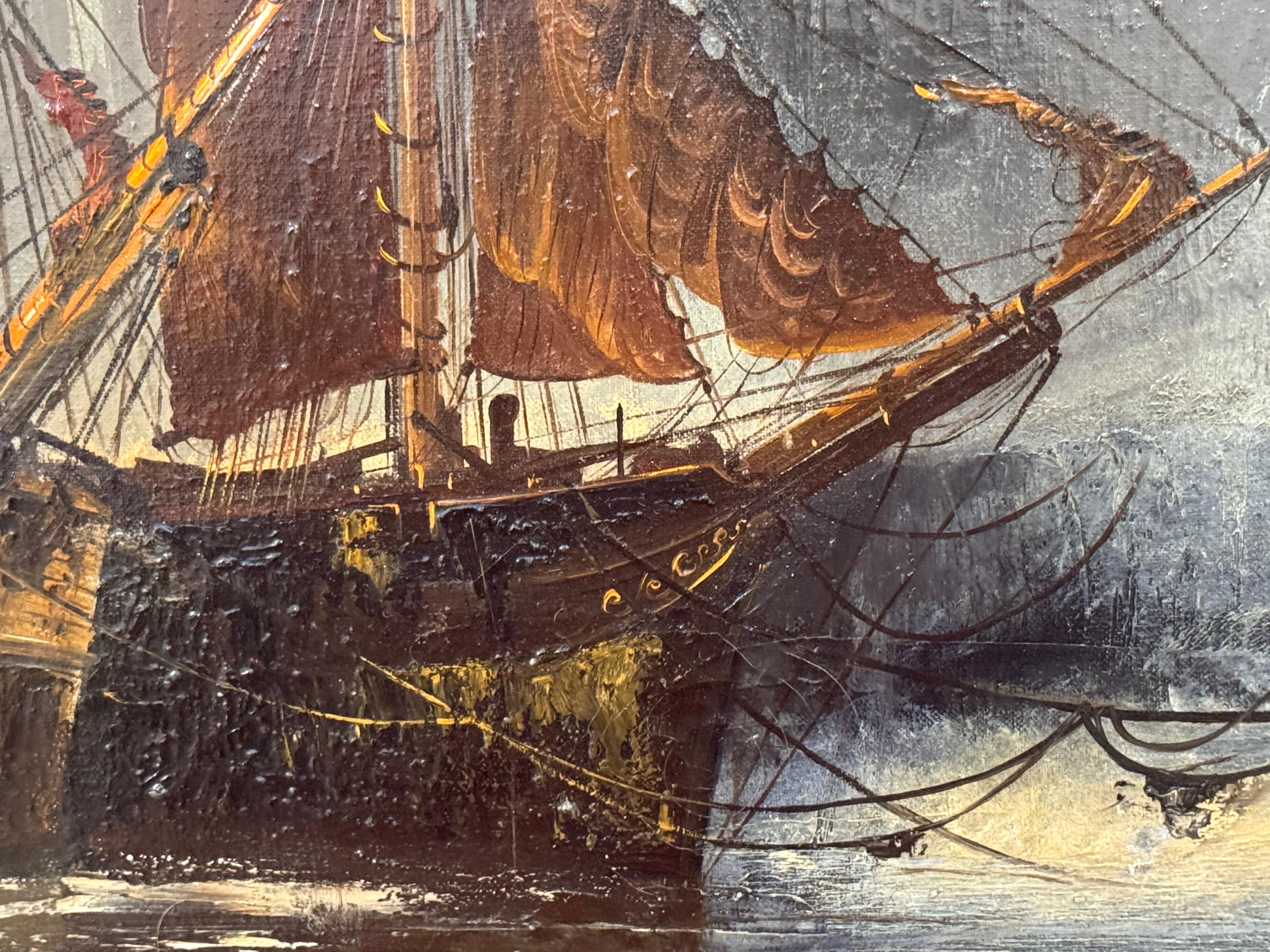 Ships in the Harbour at Moonlight, un paysage maritime de la côte Est de l'Angleterre en vente 9