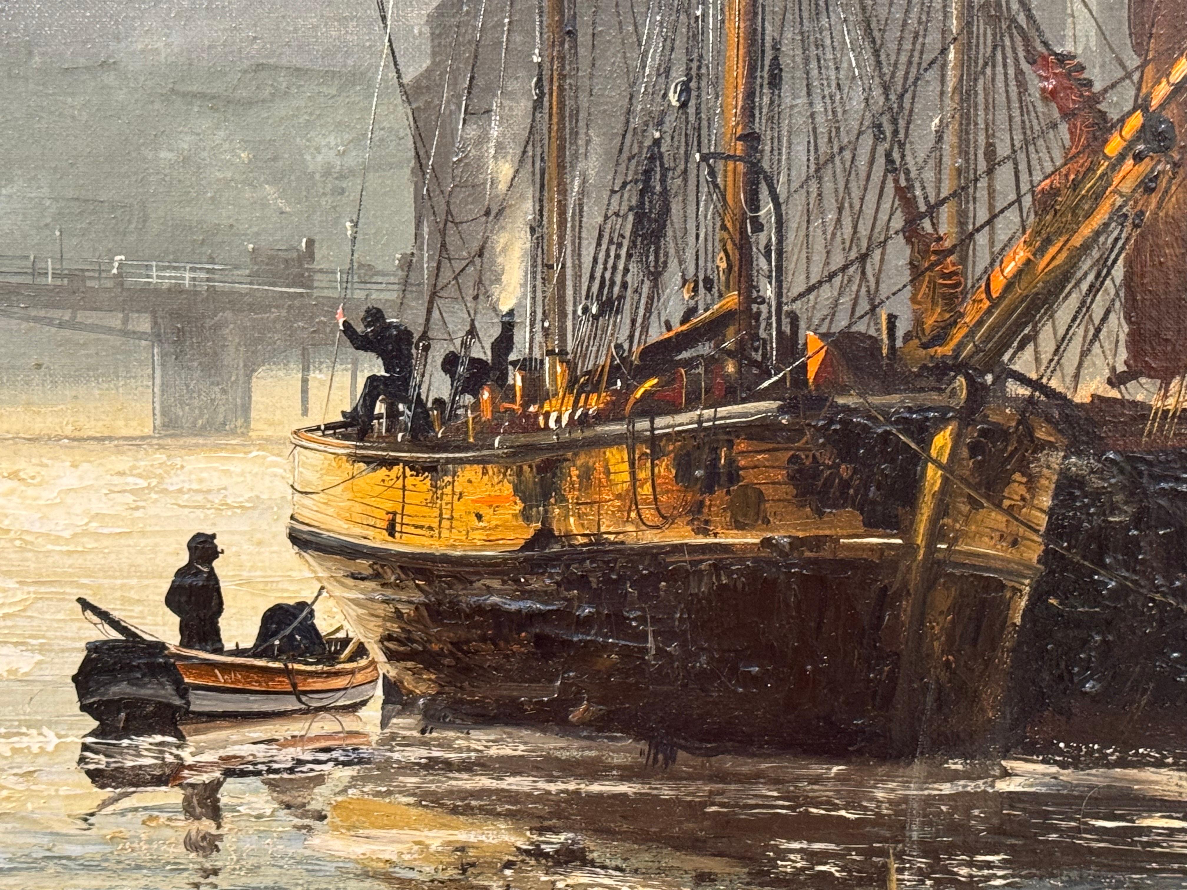 Ships in the Harbour at Moonlight, un paysage maritime de la côte Est de l'Angleterre en vente 10