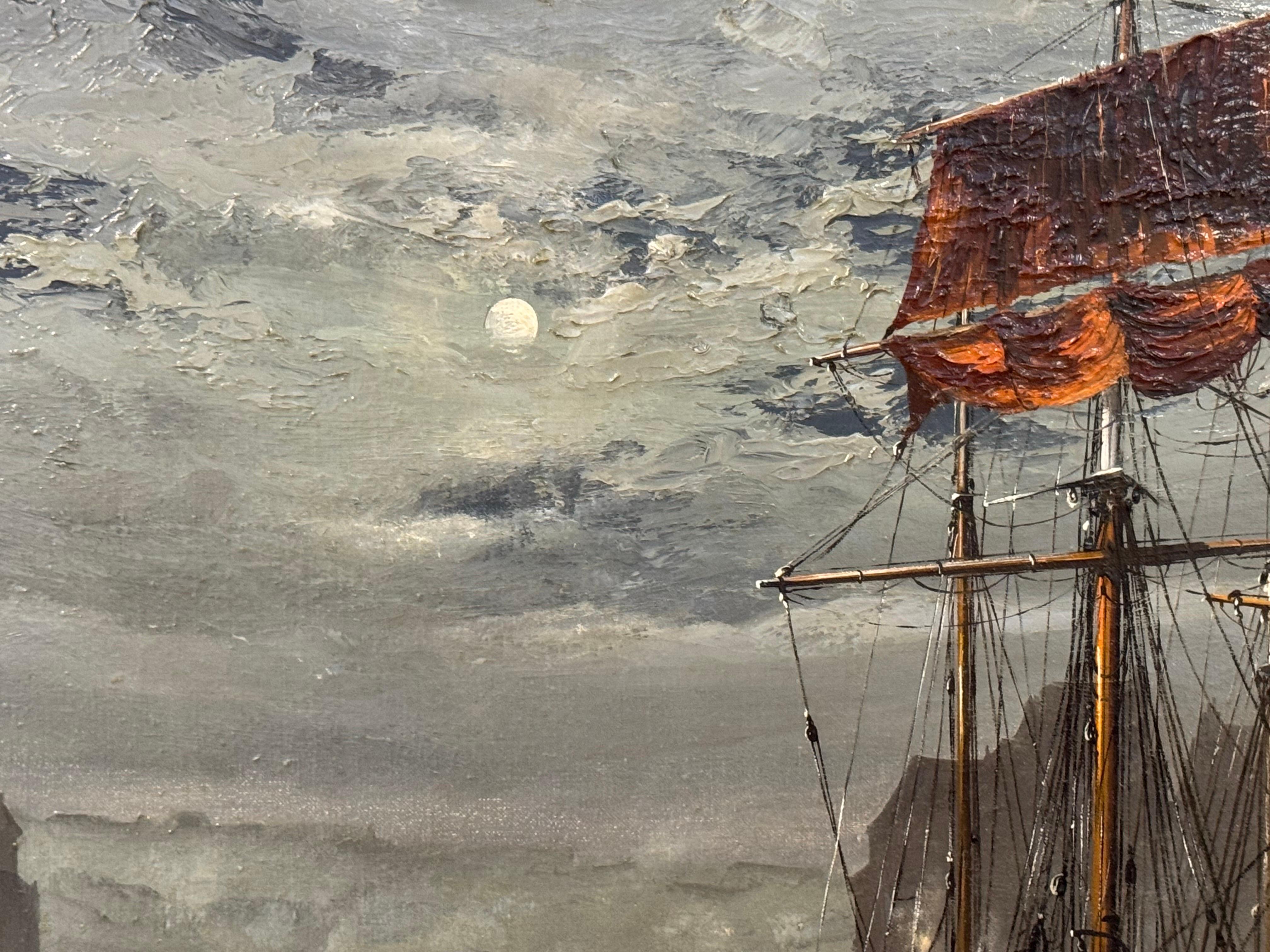Ships in the Harbour at Moonlight, un paysage maritime de la côte Est de l'Angleterre en vente 12