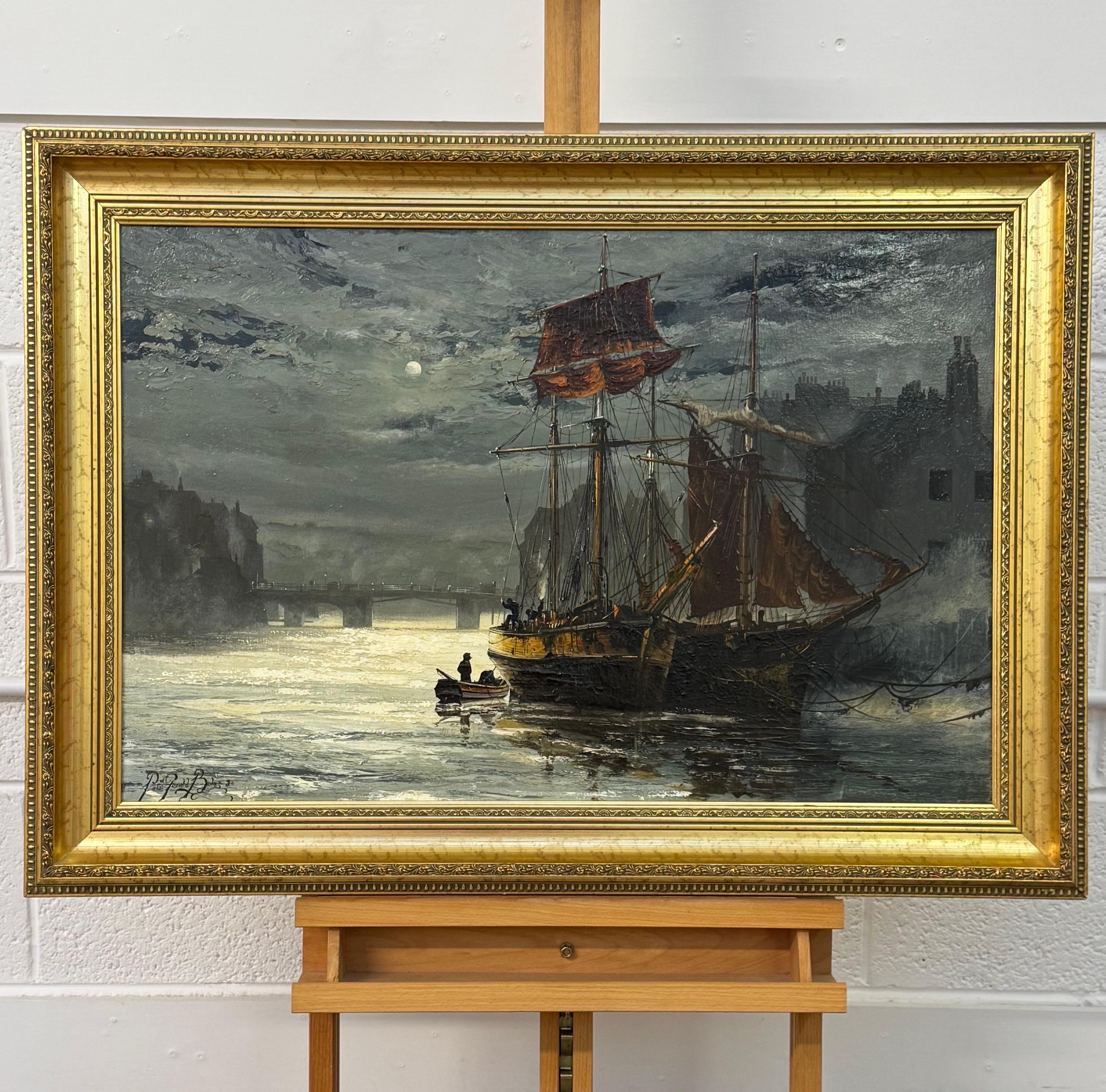 Ships in the Harbour at Moonlight, un paysage maritime de la côte Est de l'Angleterre - Marron Figurative Painting par Peter Gerald Baker