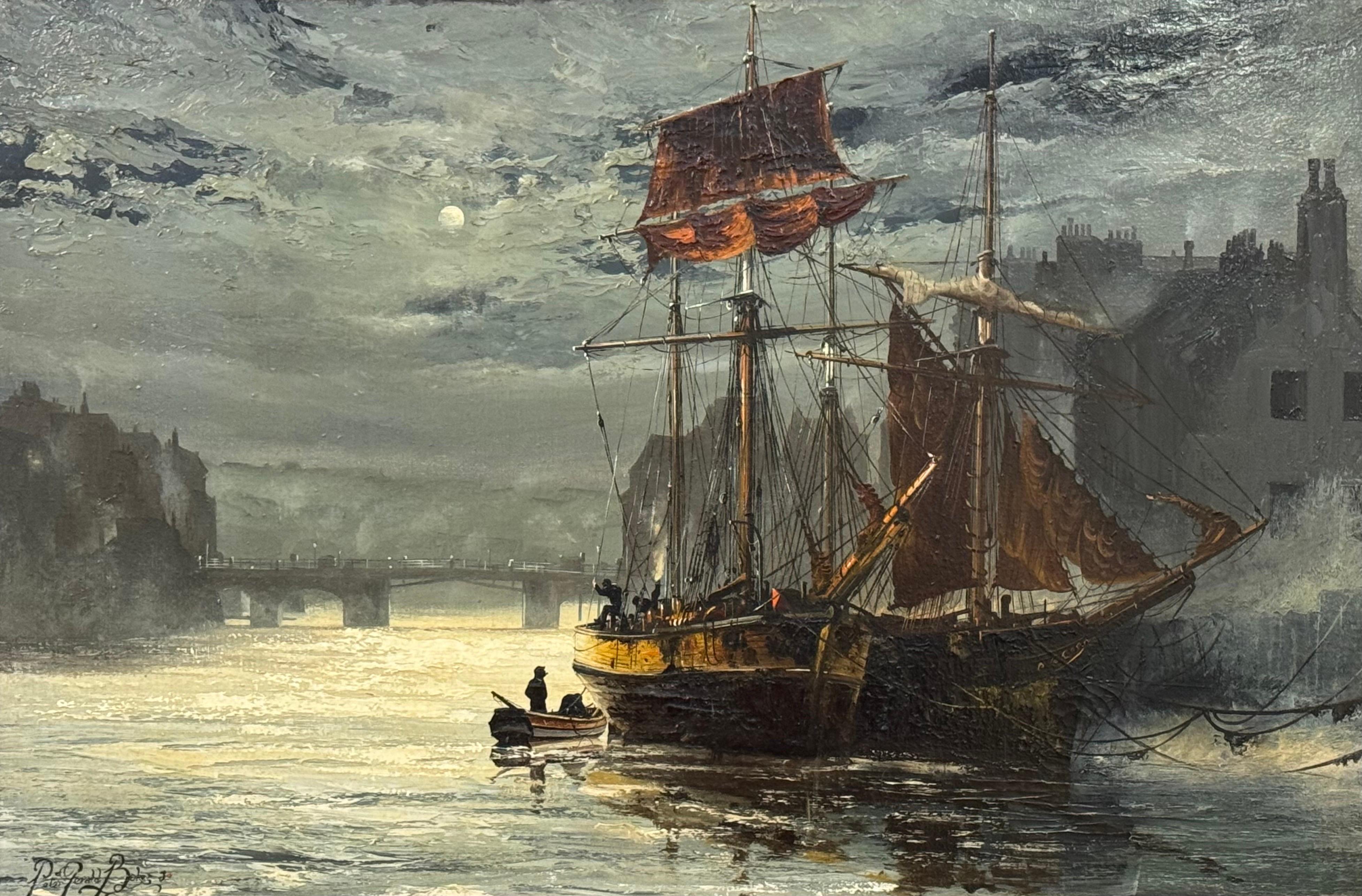 Ships in the Harbour at Moonlight, un paysage maritime de la côte Est de l'Angleterre en vente 1