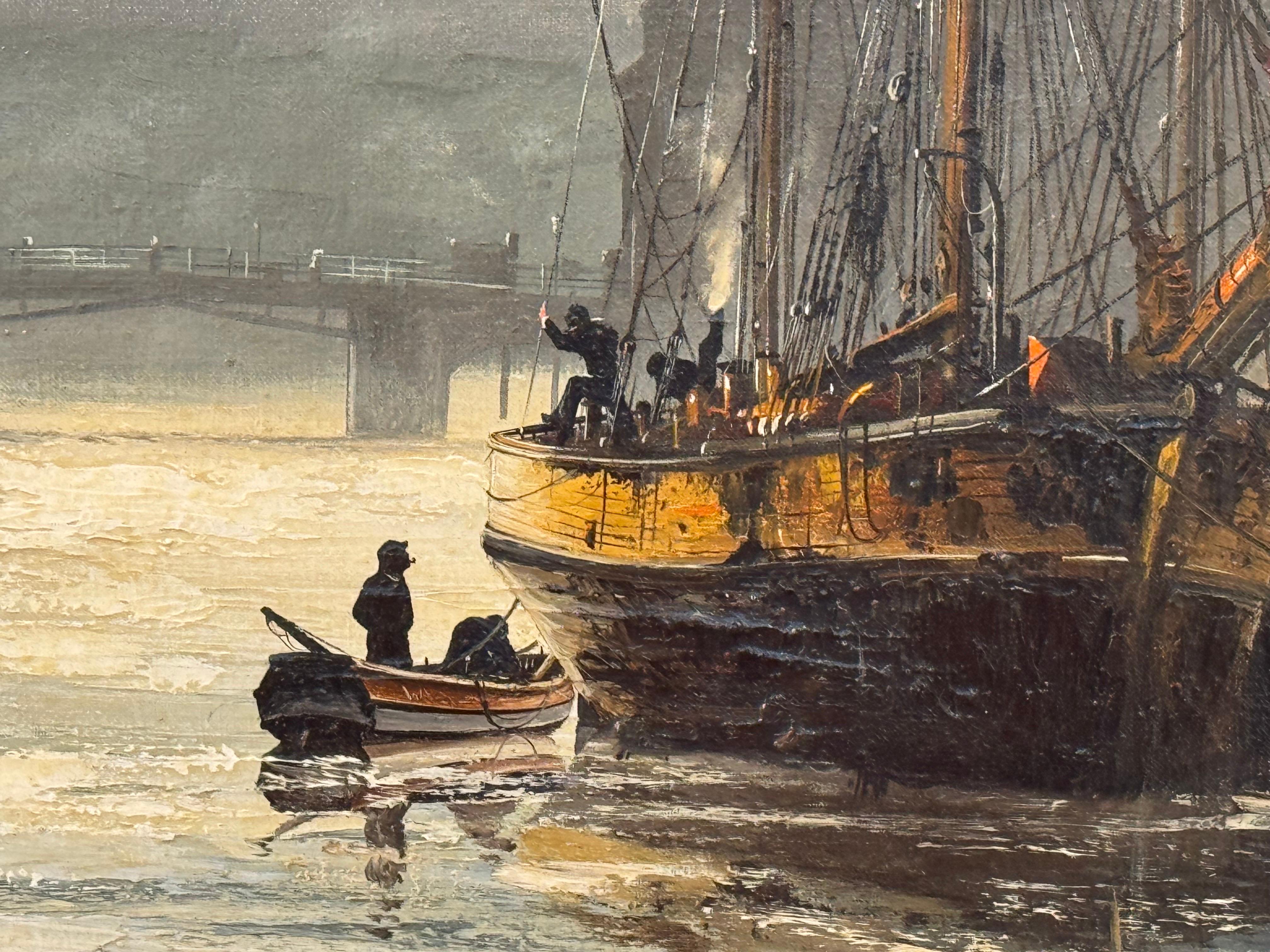 Ships in the Harbour at Moonlight, un paysage maritime de la côte Est de l'Angleterre en vente 4
