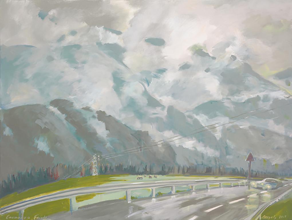 Peter Gergely Landscape Painting – Fruili,emonzo, neblige Berglandschaft, grau-blaue Hochbahn, Skiliftseilen