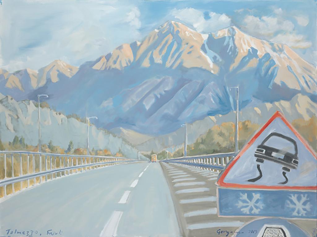 Peter Gergely Landscape Painting - Tolomezzo, Friuli, high key color offbeat Italian road trip theme mountain sign