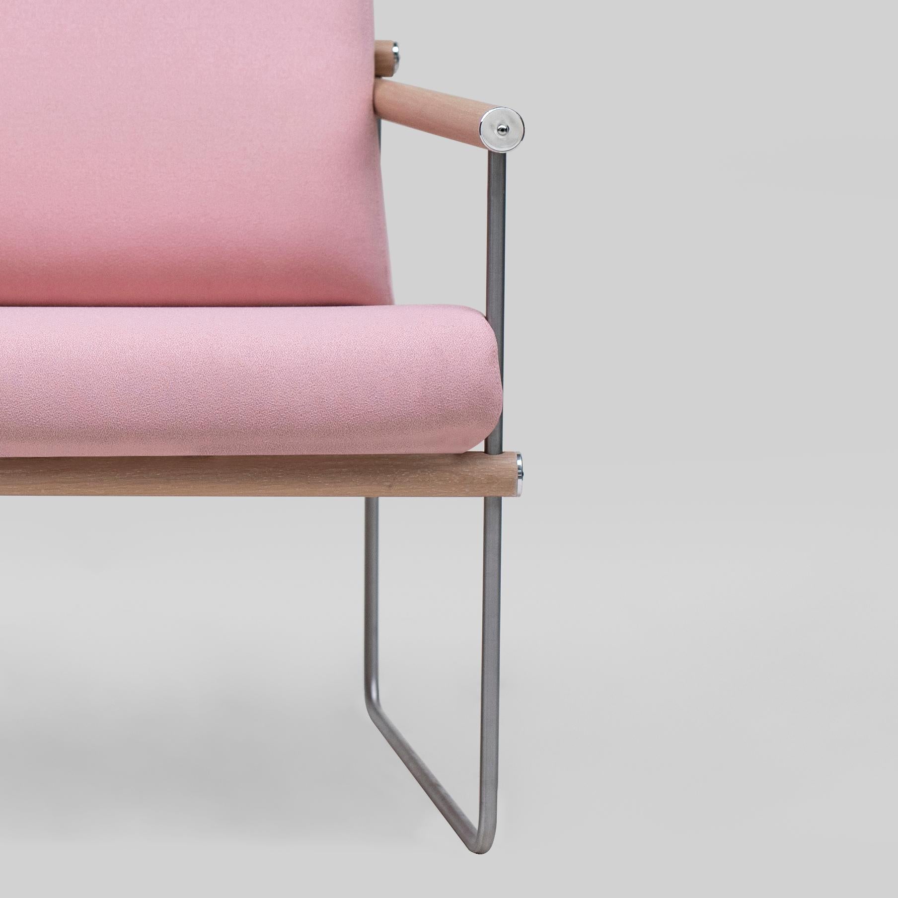 Peter Ghyczy Armchair Safari 'GP05' Steel / Oak Latte / Pink Fabric In New Condition In Barcelona, Barcelona