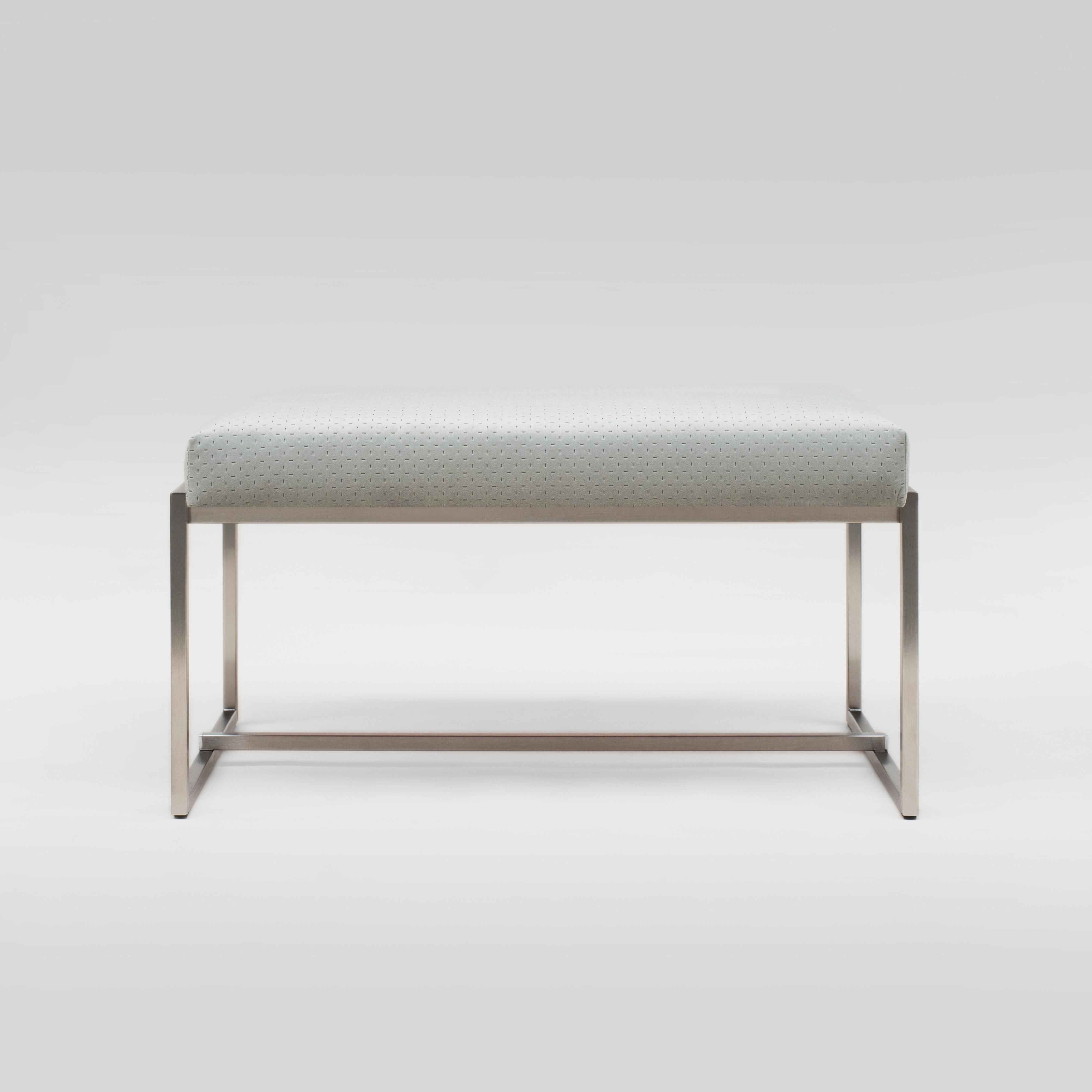 Bench designed by Peter Ghyczy in 2016.
Manufactured by Ghyczy (Netherlands)

Upholstered bench on a slender metal frame. A light weight construction, easy to pick up and move, can be used as footrest or bed-end.

Material and color:
Frame Stainless