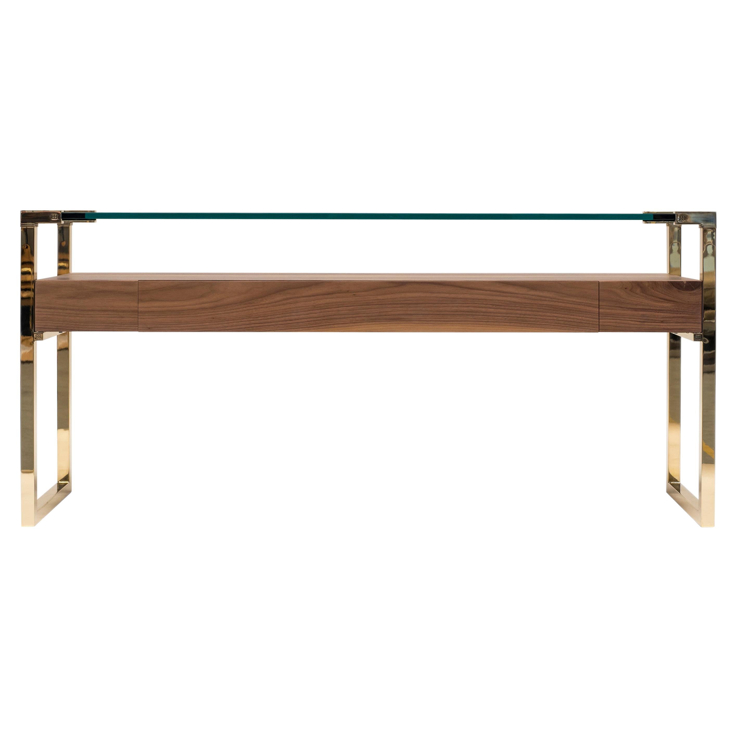 Peter Ghyczy Console Table Pioneer Orson 'T53L' Brass / Walnut / Clear Glass