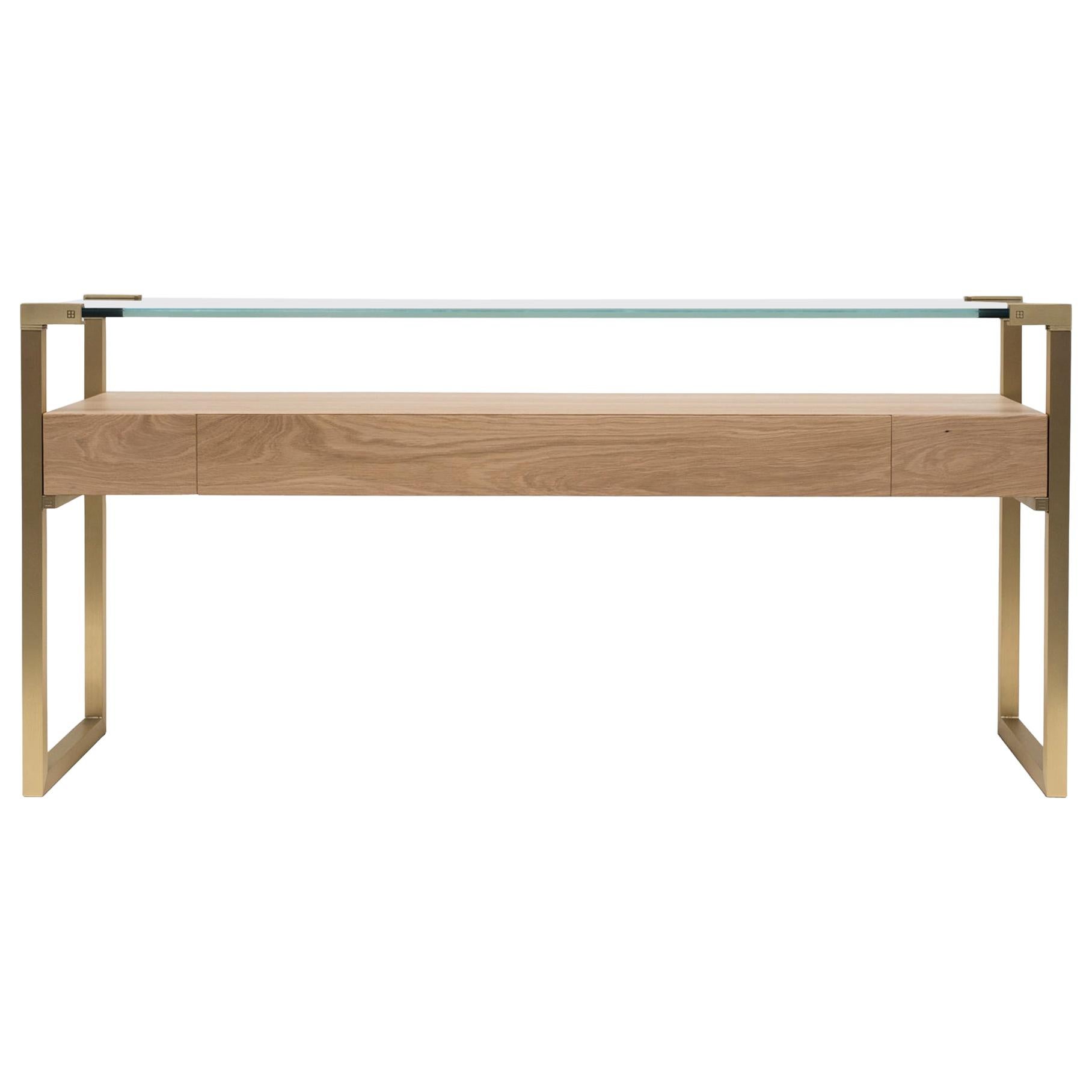 Peter Ghyczy Console Table Pioneer Orson 'T53L' Brass Matt / Oak / Clear Glass