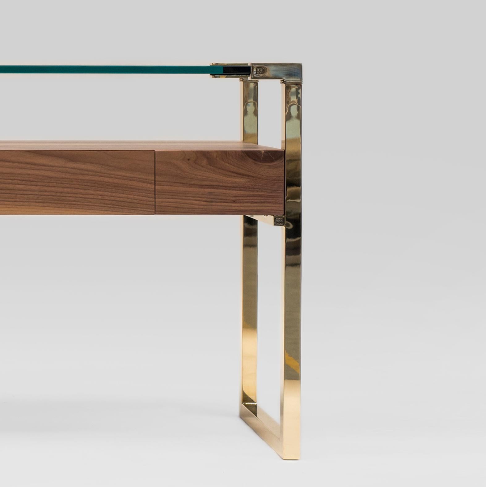 Contemporary console designed by Peter Ghyczy in 2009.
Manufactured by Ghyczy (Netherlands)

The twin frames are constructed of 3 × 3 square tubes and secured to the tabletop by cast metal details. Special feature is a solid wooden drawer. The