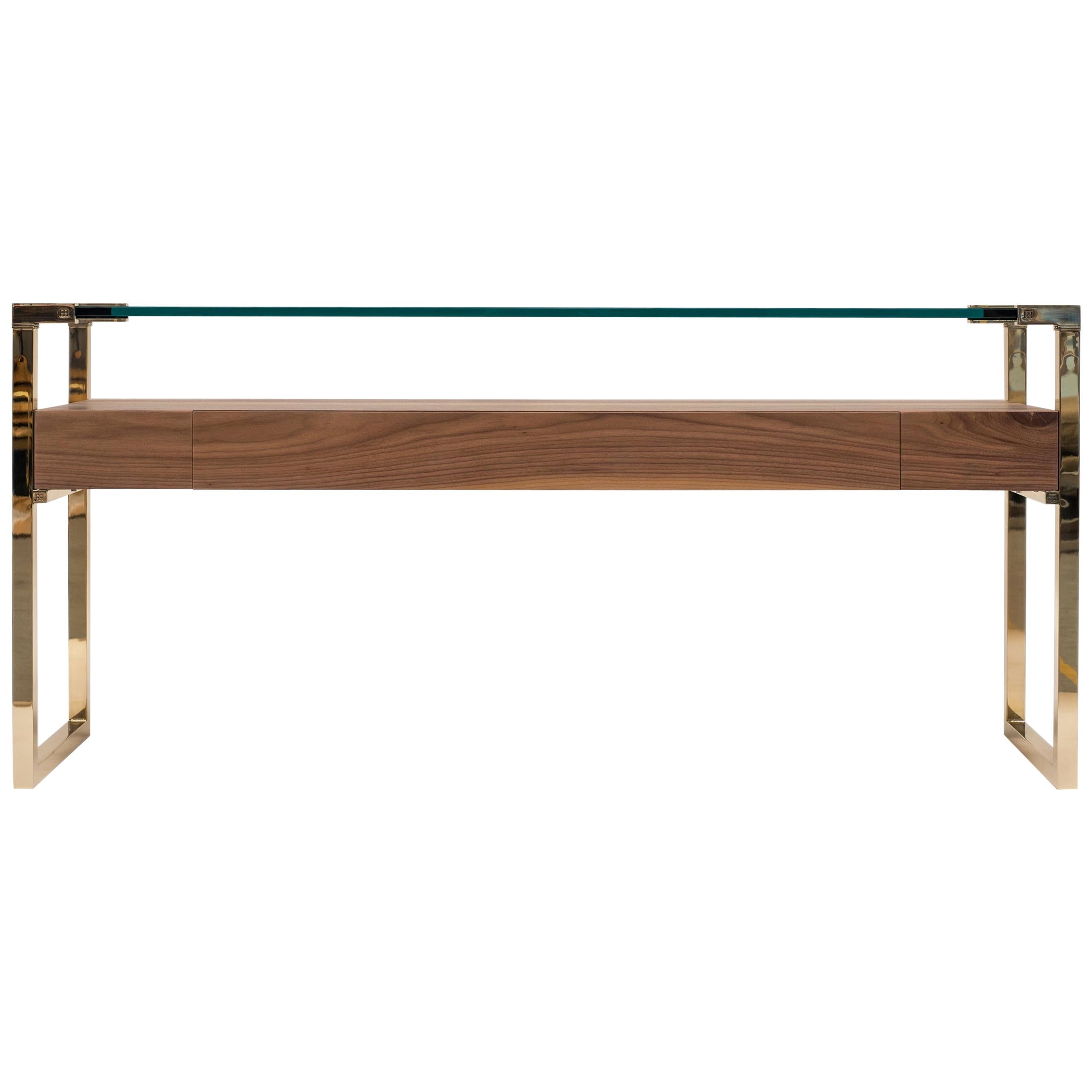 Peter Ghyczy Console Table Pioneer Orson 'T53L' Brass / Walnut / Clear Glass