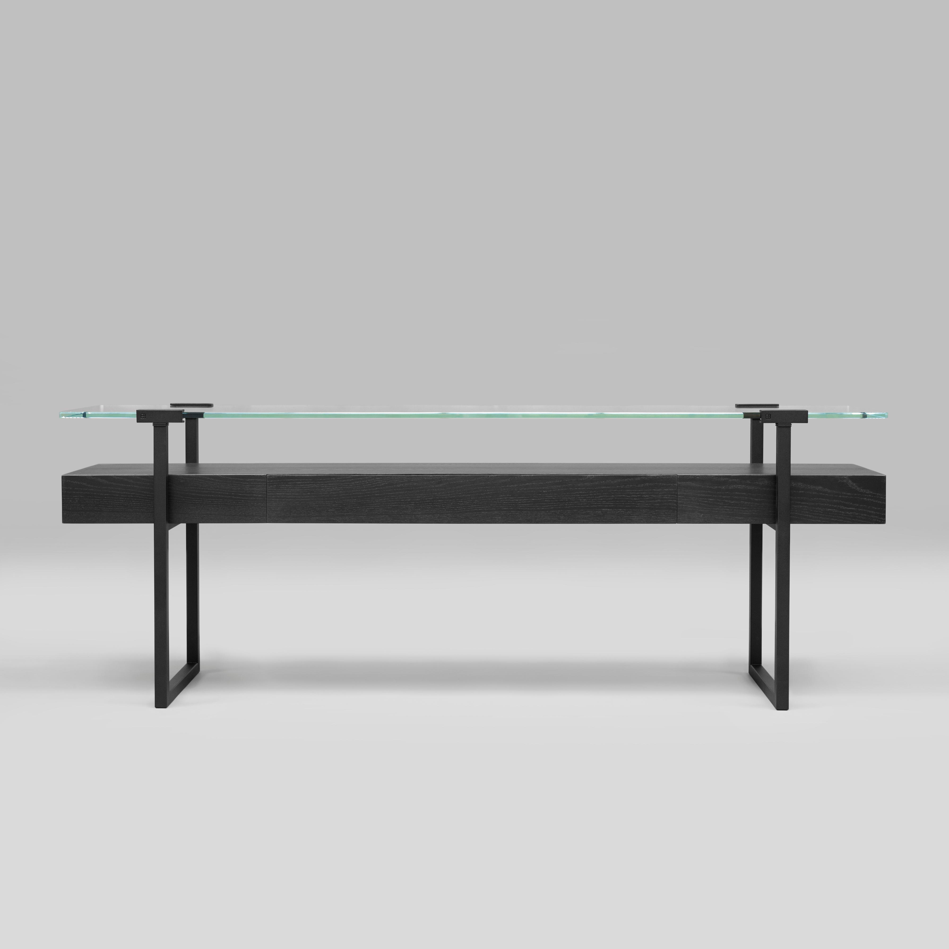 Contemporary Peter Ghyczy Console Table Pioneer Tron ‘T54/3L’ Charcoal / Oak /  Clear Glass