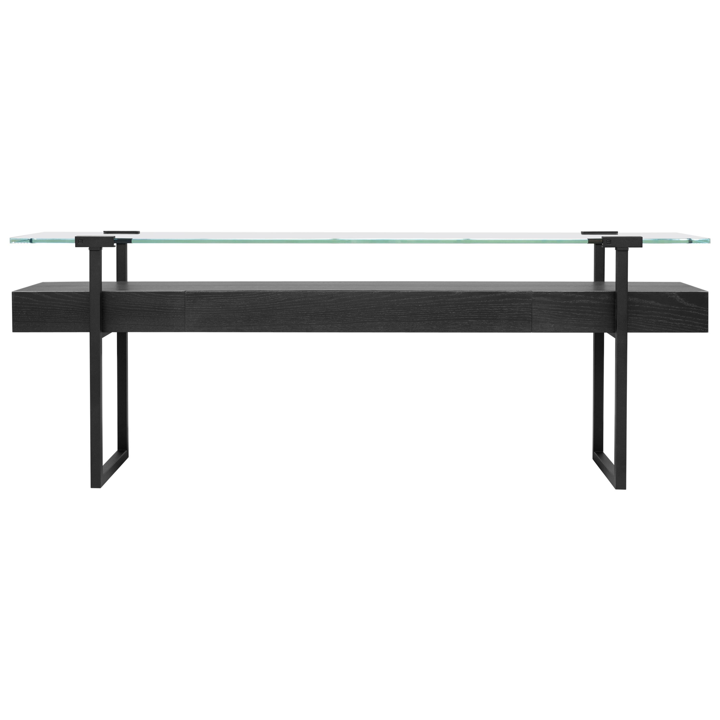 Peter Ghyczy Console Table Pioneer Tron ‘T54/3L’ Charcoal / Oak /  Clear Glass