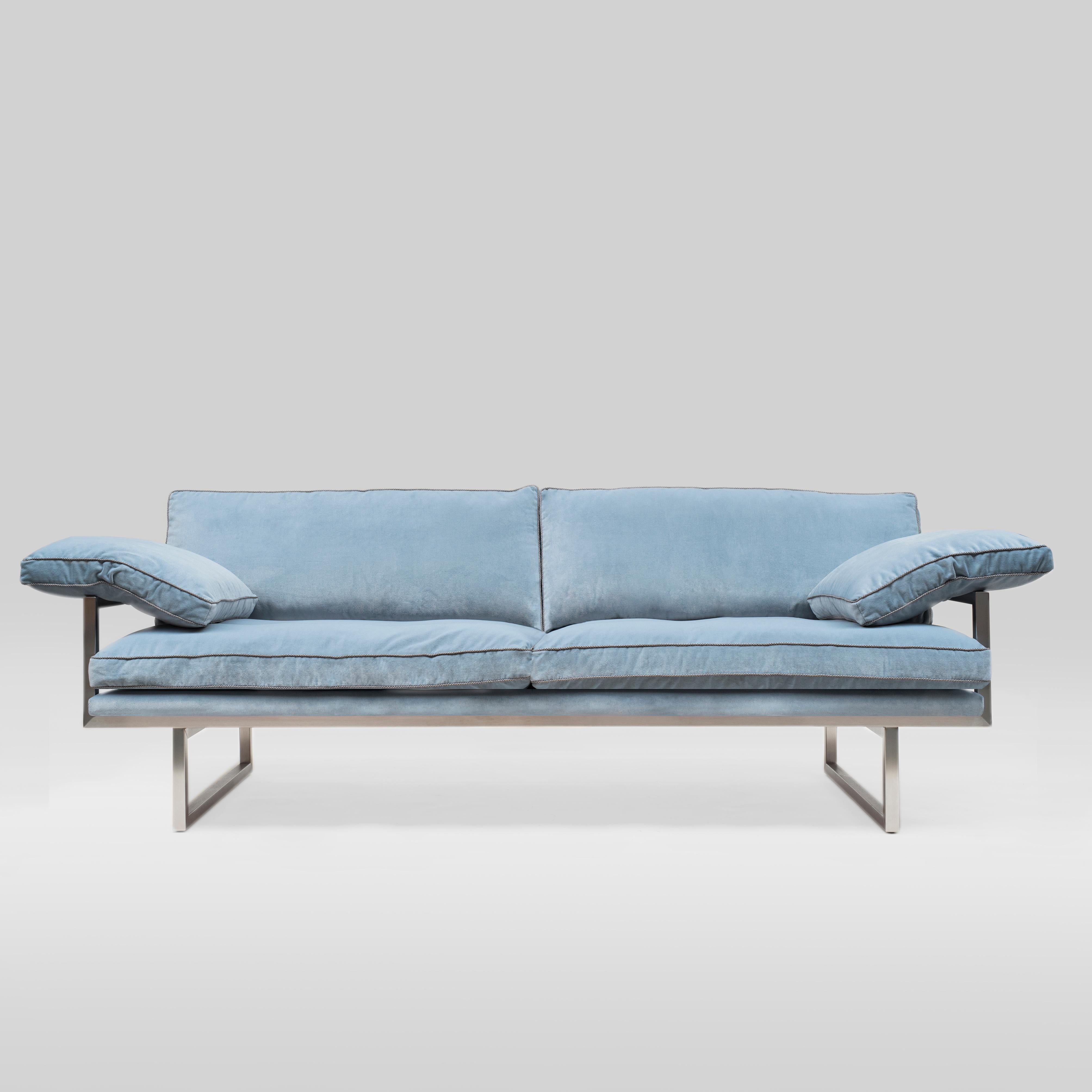 Peter Ghyczy Sofa Urban Brad 'GP01' Stainless Steel Matt / Velvet Blue Fabric In New Condition In Barcelona, Barcelona