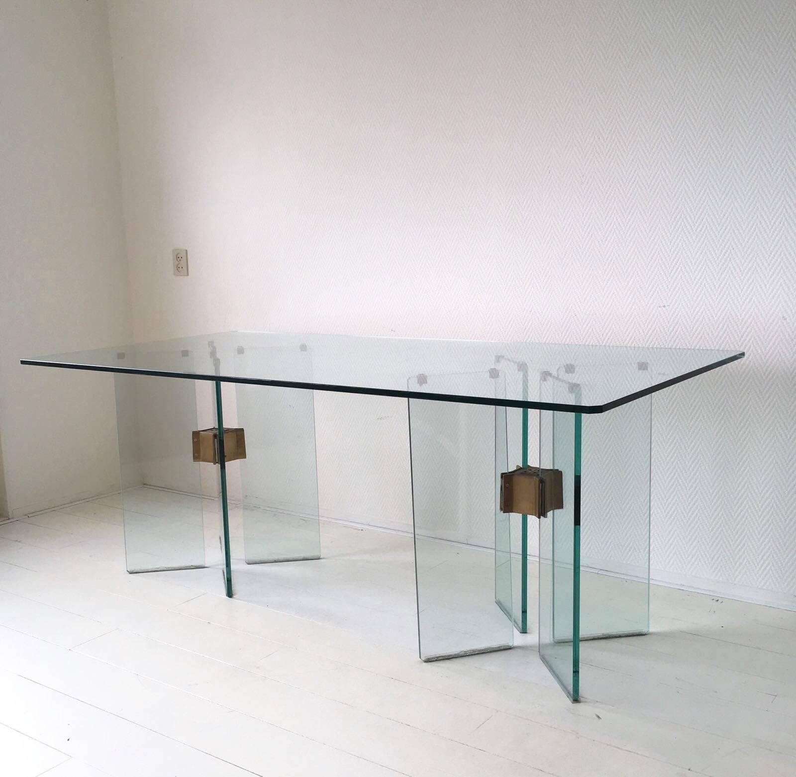 Hollywood Regency Peter Ghyczy Exclusive Glass and Brass Dining Room Table, 1970s For Sale