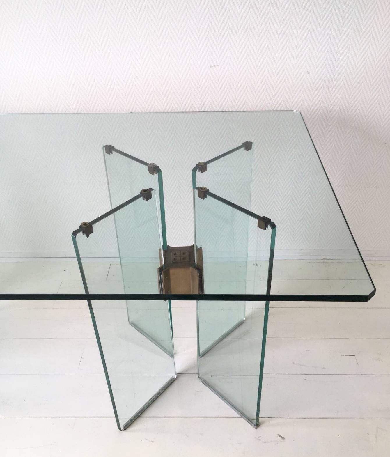 Dutch Peter Ghyczy Exclusive Glass and Brass Dining Room Table, 1970s For Sale