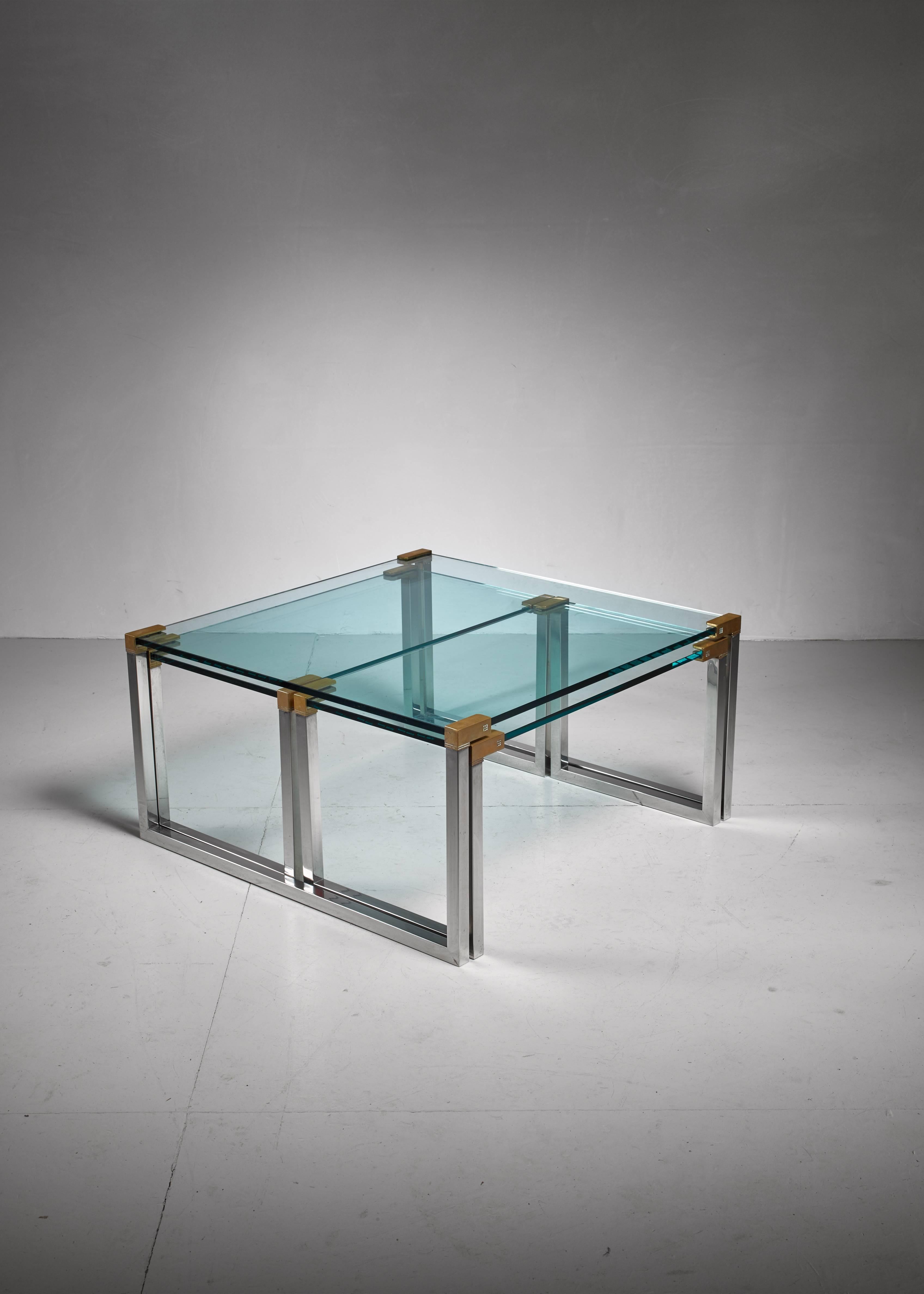 Late 20th Century Peter Ghyczy Set of Three Modular Glass, Brass and Chrome Tables, Dutch, 1970s For Sale