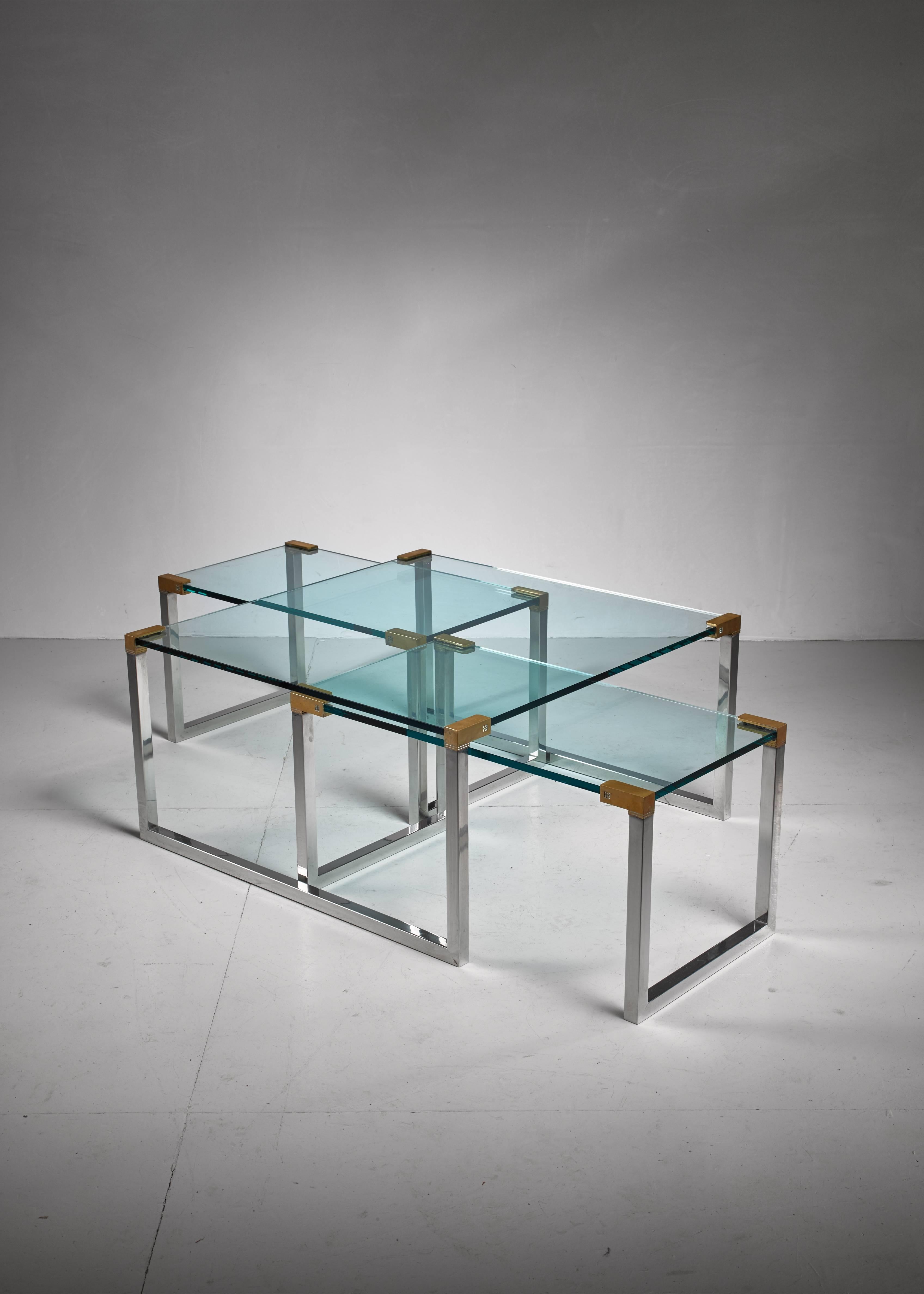 Post-Modern Peter Ghyczy Set of Three Modular Glass, Brass and Chrome Tables, Dutch, 1970s For Sale