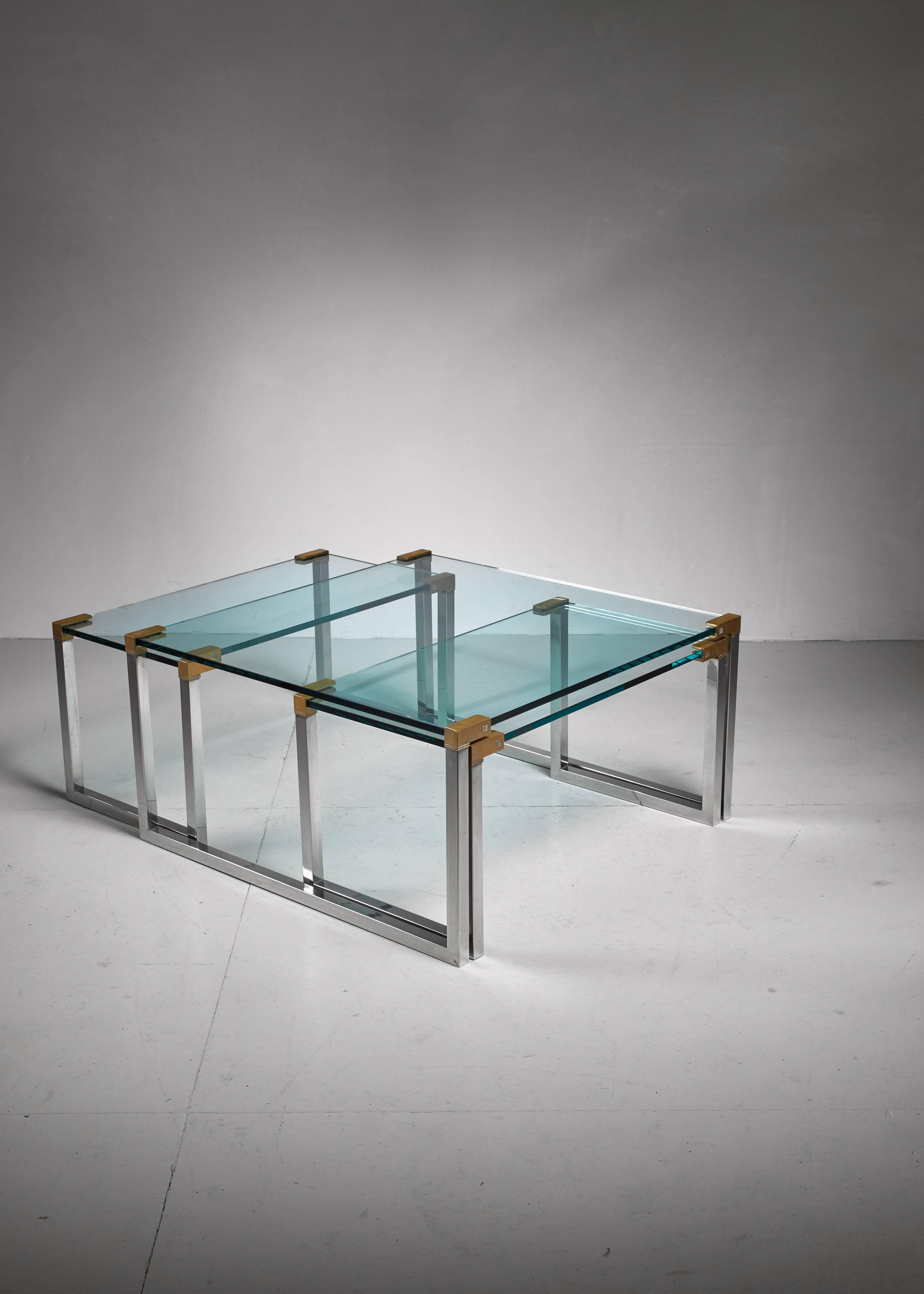 Peter Ghyczy Set of Three Modular Glass, Brass and Chrome Tables, Dutch, 1970s In Good Condition For Sale In Maastricht, NL