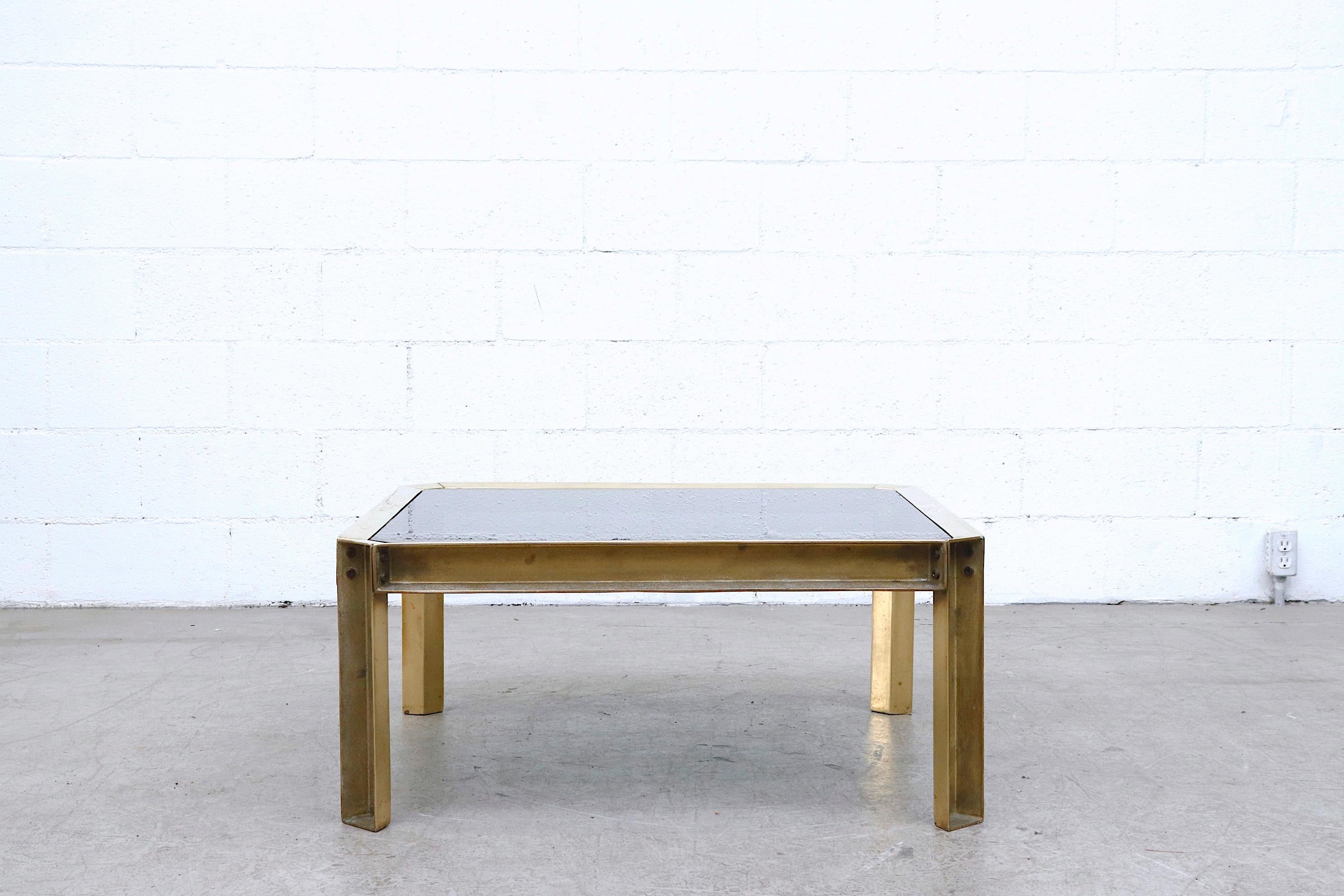 Mid-Century Modern Peter Ghyczy Smoked Glass and Raw Brass Coffee Table For Sale