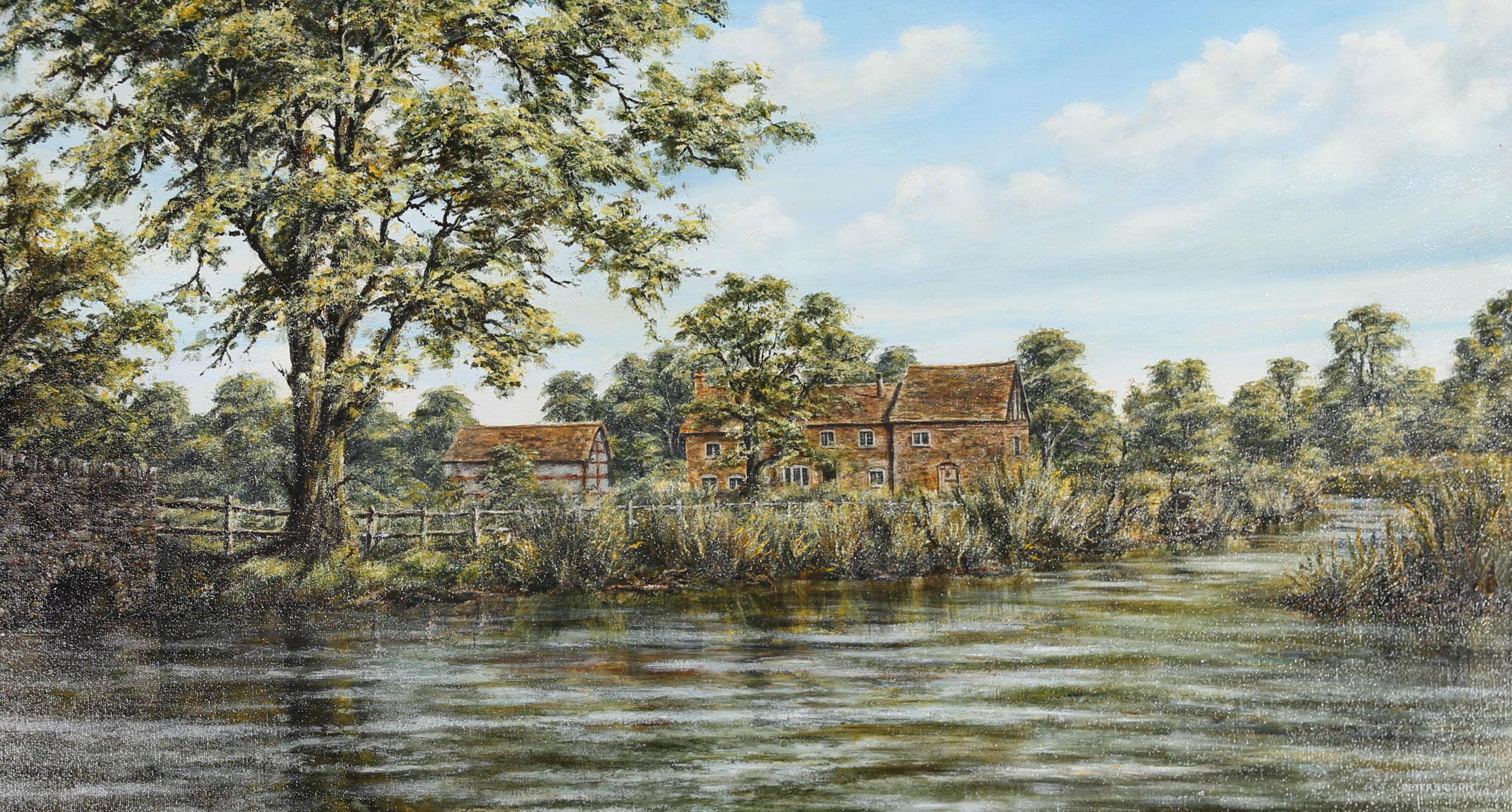 A charming 20th Century oil landscape, showing quaint cottages on the bank of an idyllic river. The artist has signed to the lower right corner and the painting has been presented in a 20th Century gilt frame. On canvas.
