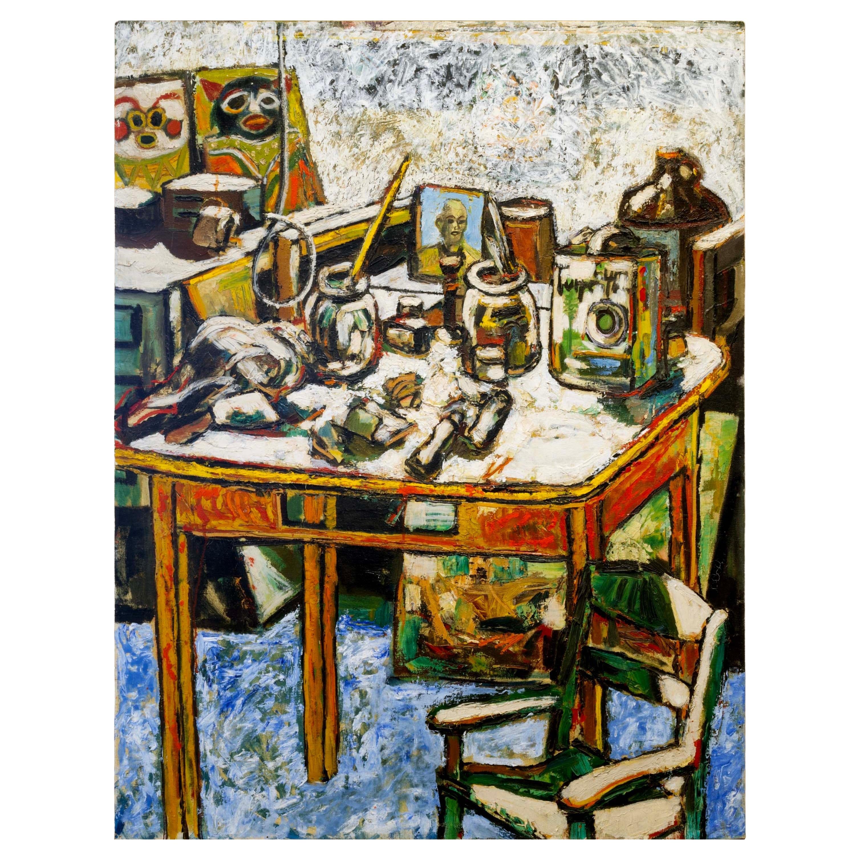 A modernist oil painting on canvas mounted on board titled 