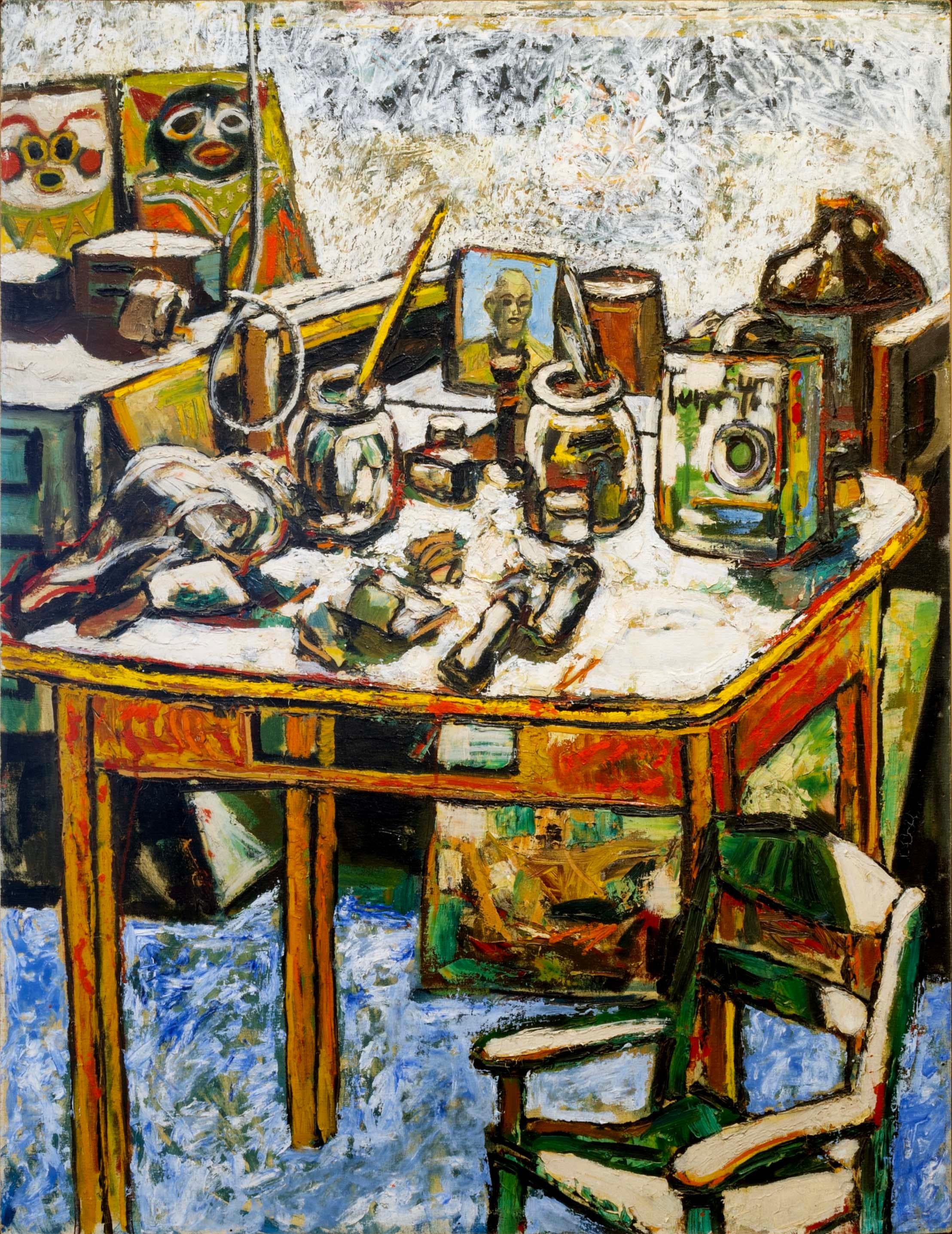 Peter Gilleran Palette Table Signed Modernist Oil Painting on Canvas Board 1950 In Good Condition In Keego Harbor, MI