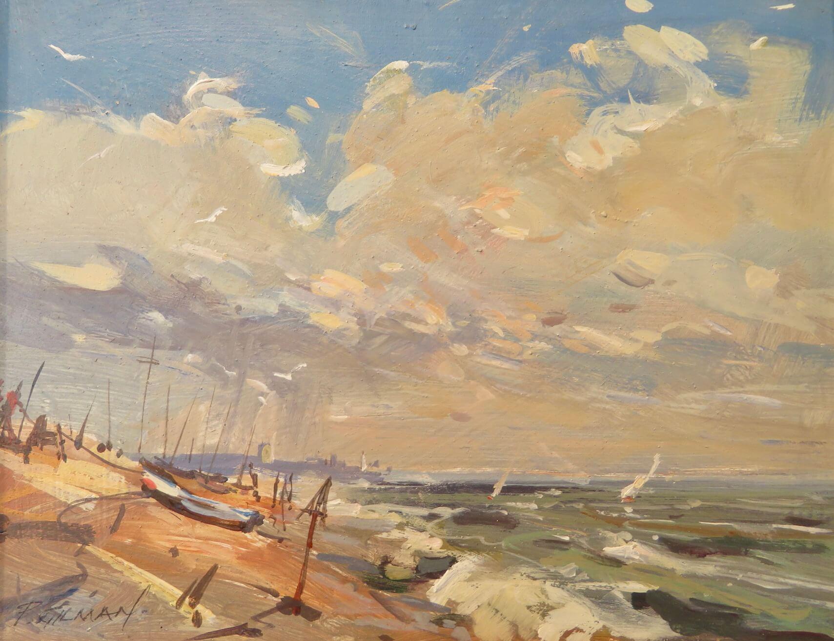 Piccolo dipinto ad olio impressionista di Marin della fine del XX secolo Aldeburgh Suffolk - Painting di Peter Gilman 