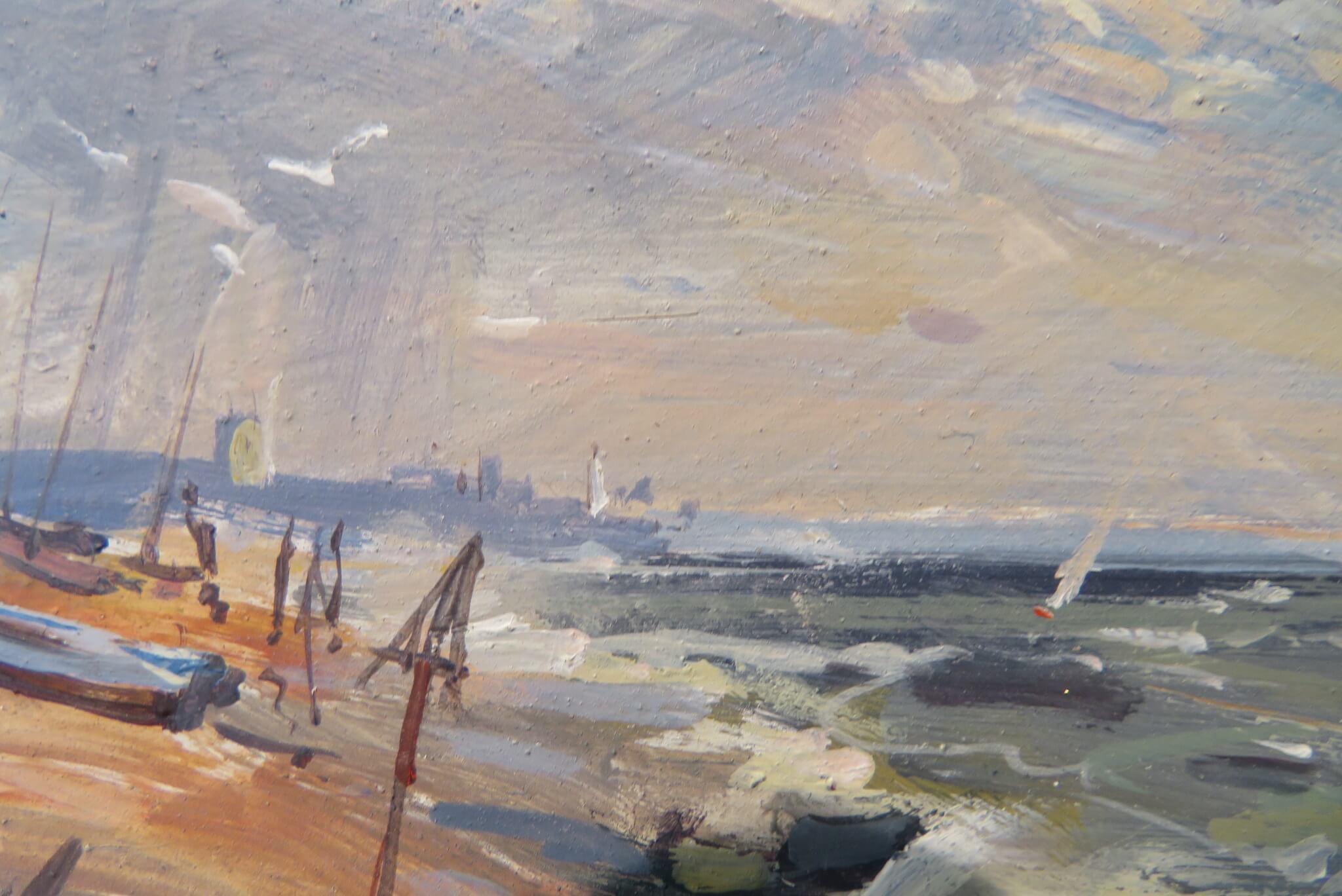 Piccolo dipinto ad olio impressionista di Marin della fine del XX secolo Aldeburgh Suffolk - Landscape Painting Marrone di Peter Gilman 