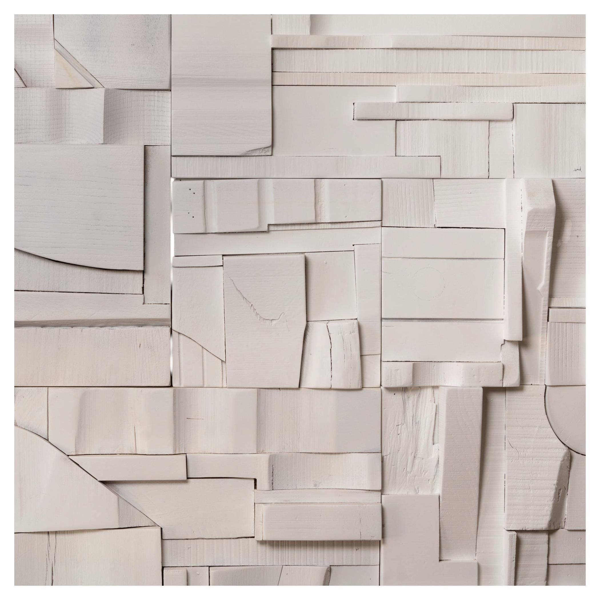Peter Glassford Matte White Reclaimed Wood Collage, Set of 2 Brutalist Tiles For Sale