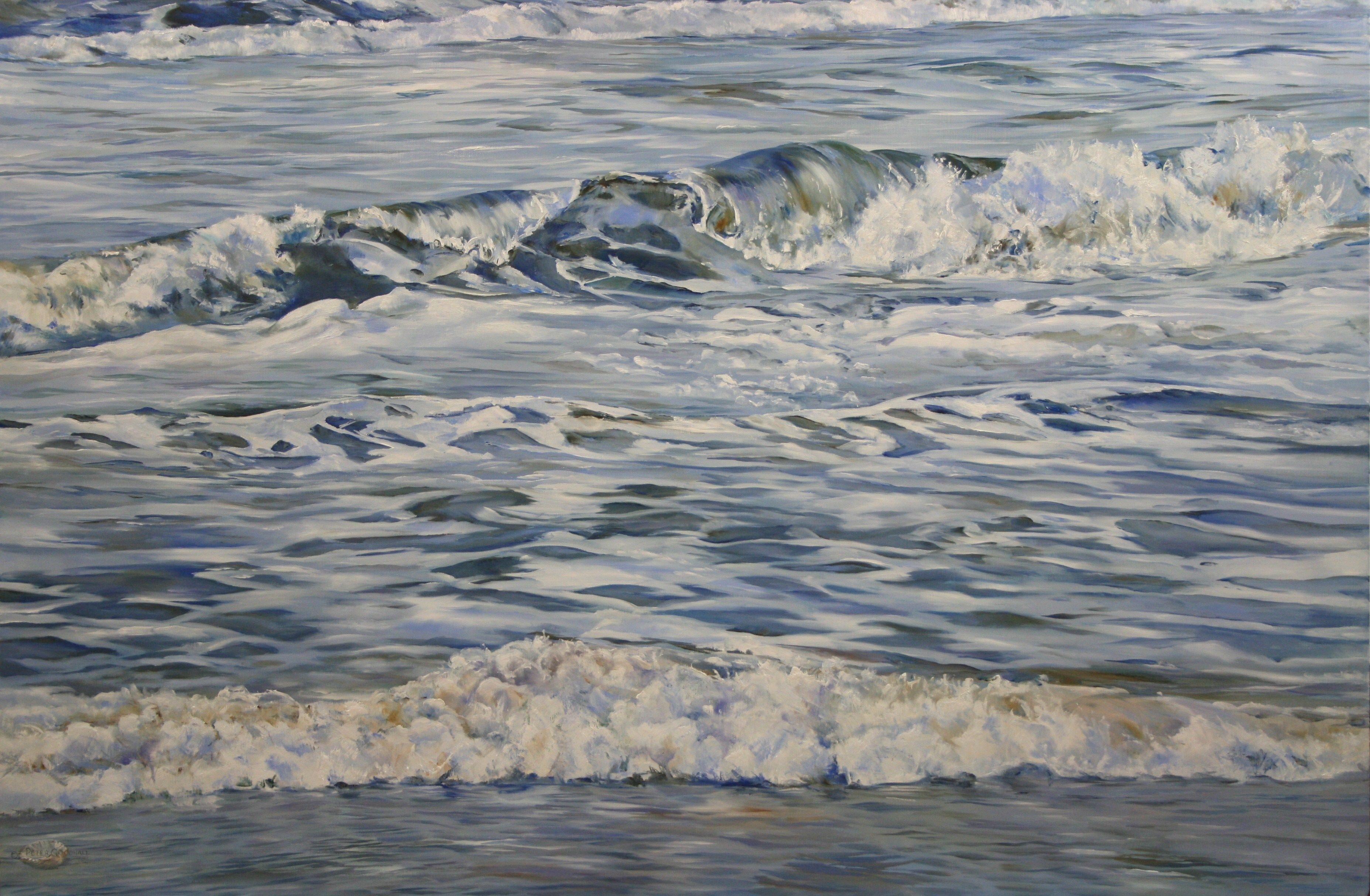 This  original oil painting is painted in a slightly loose style and so really sits somewhere between impressionism and realism. The shallow water pushes gently towards the sand in small waves to create this tranquil image.    The title of the