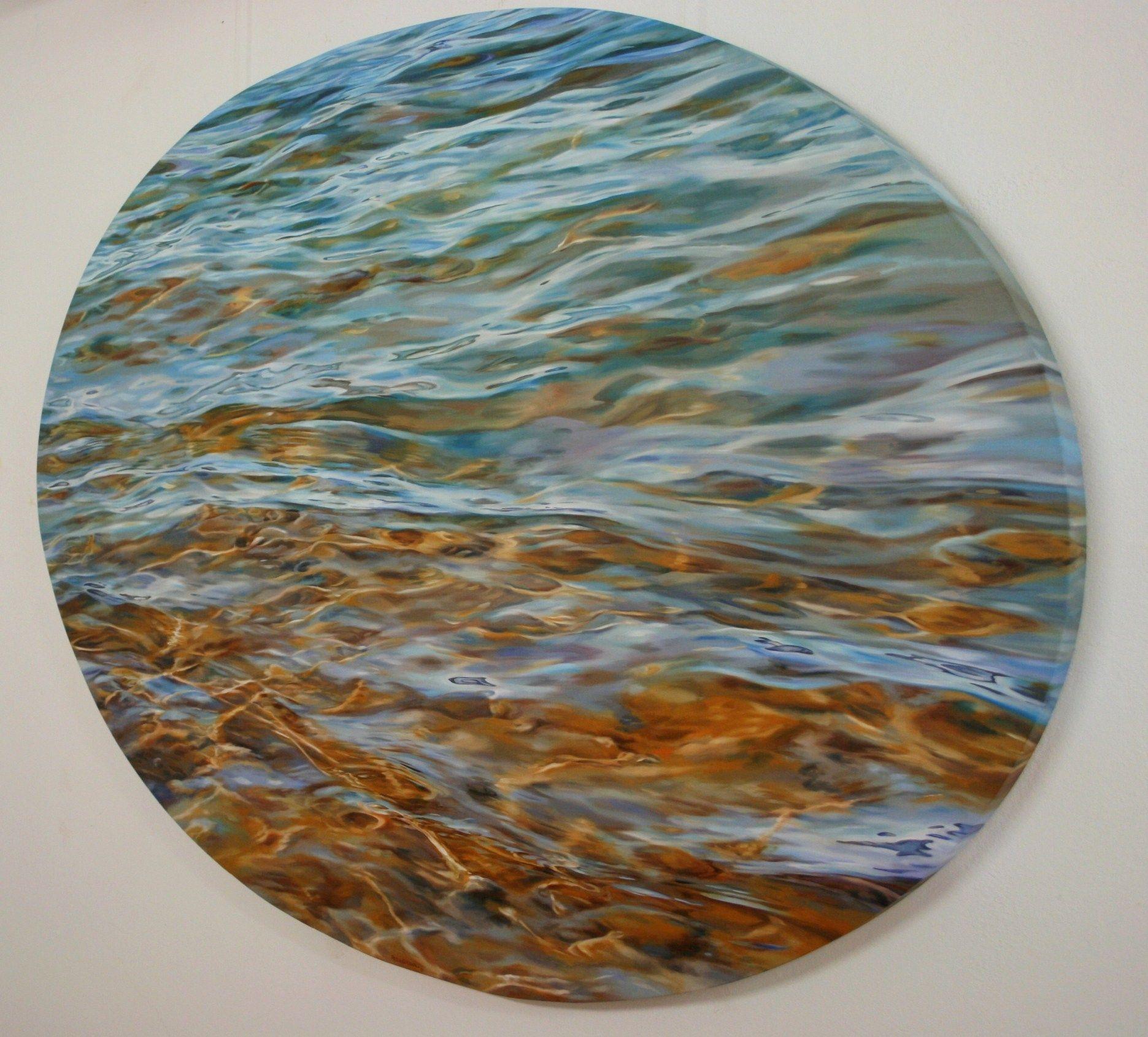 A large oval gallery wrapped oil on linen canvas. This contemporary gallery wrapped style has the painted image extended around the whole of the outer edge. So no framing is required.    The warmth of the sand under the shallow water, the patterns