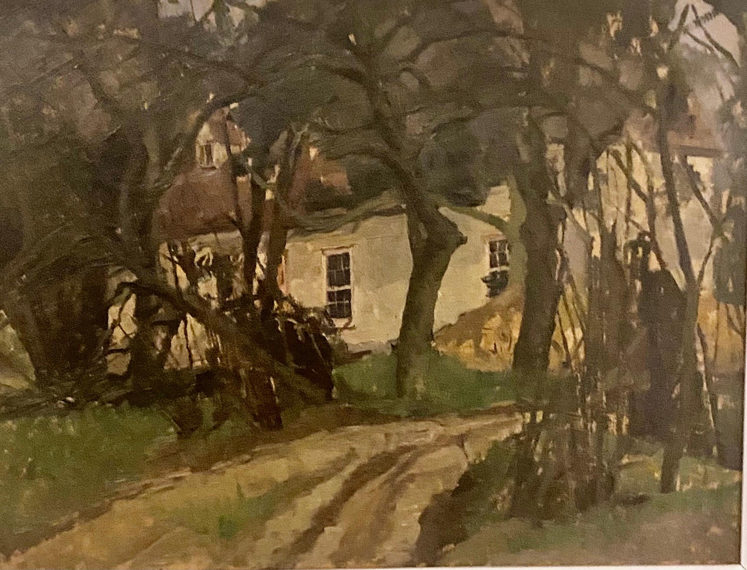 Painted by the noted British Post Impressionist artist Peter Greenham, this fine oil on canvas depicts the The House in the woods.. Oil on board.
Peter Greenham was a distinguished figurative painter of portraits, landscapes and incidents from