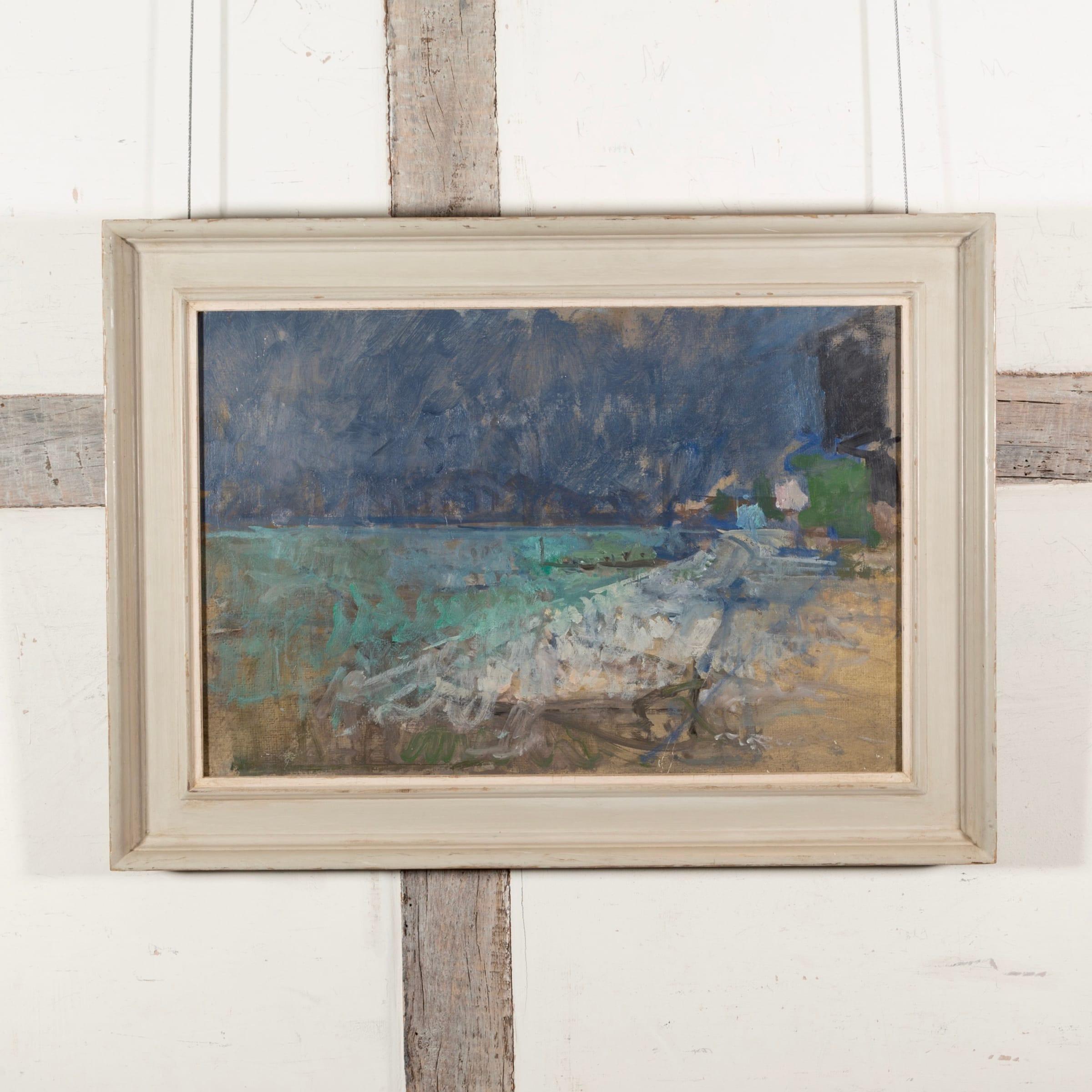 Playa con cielo oscuro, pintura al óleo sobre tabla de Peter Greenham en venta 1