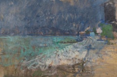 Beach with Dark Sky, Oil on Board Painting by Peter Greenham