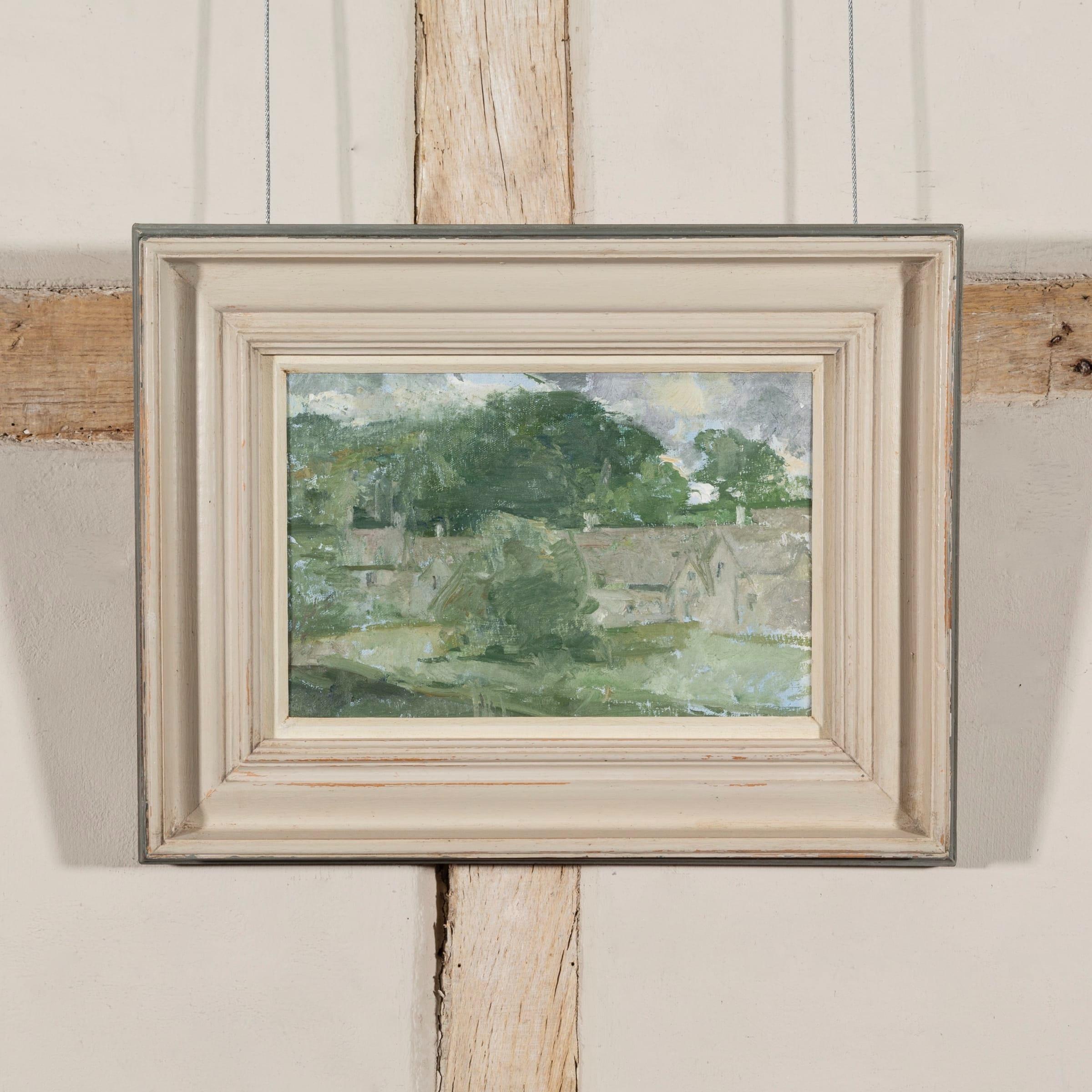 Cottages at Bibury - Pittura ad olio di paesaggio del XX secolo con case e alberi - Painting di Peter Greenham