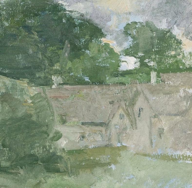Cottages at Bibury - Pittura ad olio di paesaggio del XX secolo con case e alberi - Landscape Painting Grigio di Peter Greenham