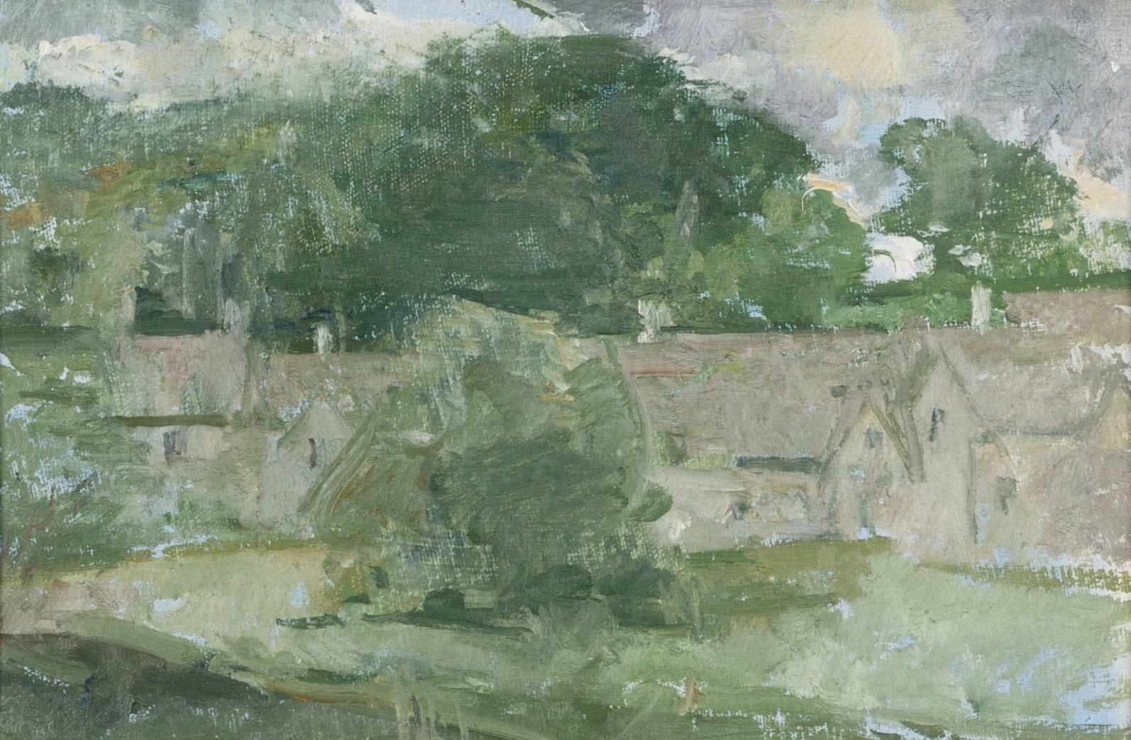 Landscape Painting di Peter Greenham - Cottages at Bibury - Pittura ad olio di paesaggio del XX secolo con case e alberi