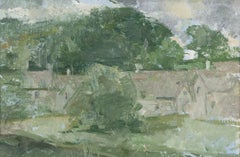 Cottages at Bibury - Pittura ad olio di paesaggio del XX secolo con case e alberi