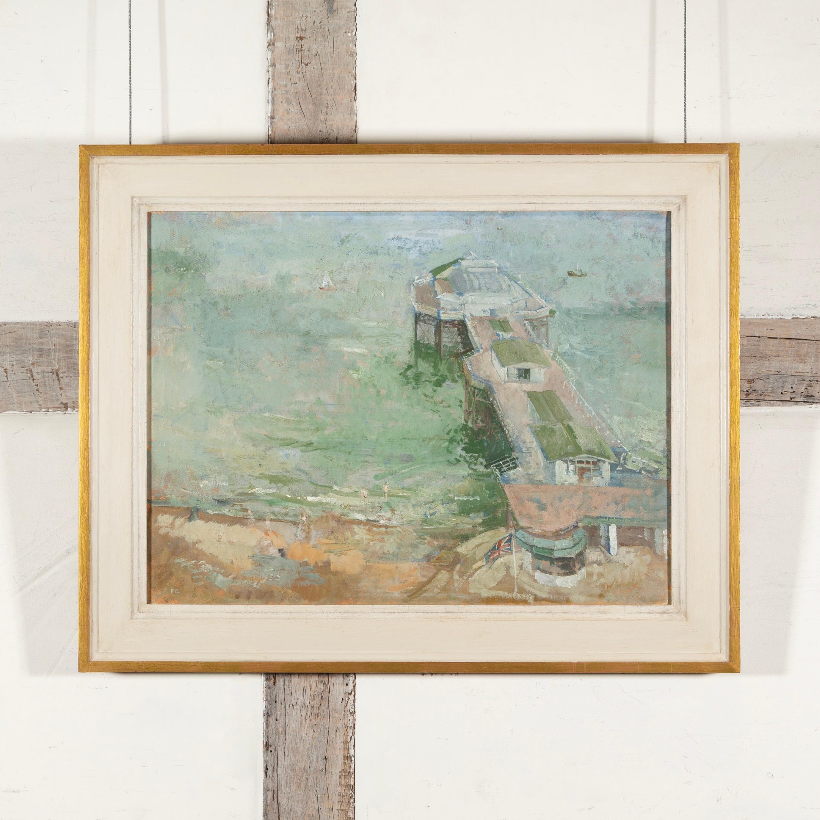 Cromer Pier - Green, Blue + Brown 20th Century Seascape Oil Painting - Gray Landscape Painting by Peter Greenham