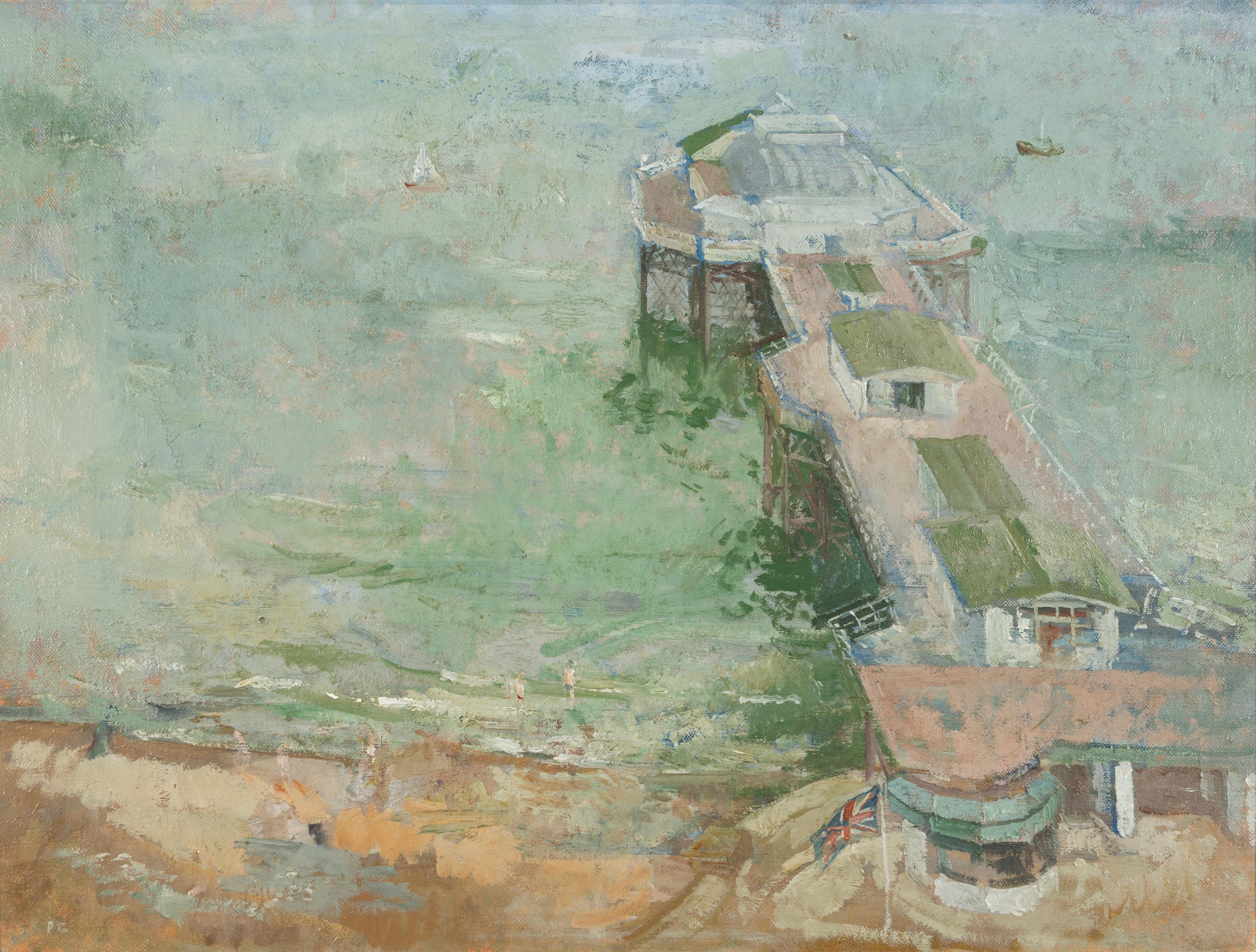 Peter Greenham Landscape Painting - Cromer Pier - Green, Blue + Brown 20th Century Seascape Oil Painting