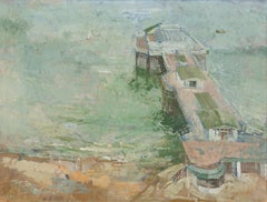 Cromer Pier - Green, Blue + Brown 20th Century Seascape Oil Painting