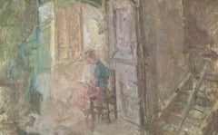 Interior with a Seated Figure - 20th Century Oil Painting with Female Figure